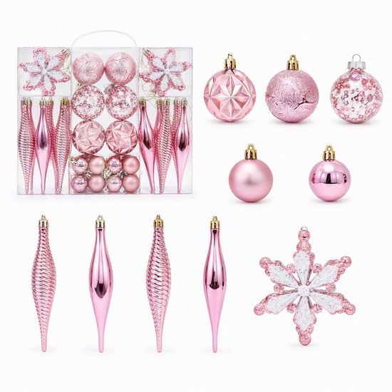 Set van 40 roze kerstballen in verschillende texturen, vormen en formaten, inclusief sterren en glanzende kegels.