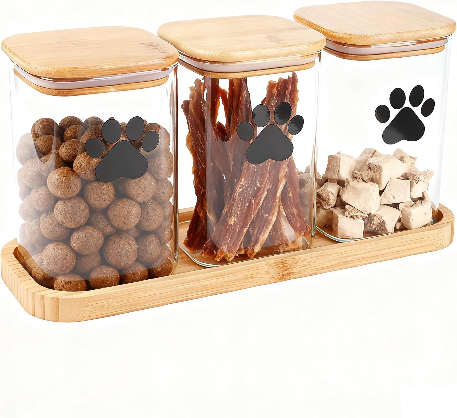 Geyecete 3 Glass Dog and Cat Dry Food Containers with Tray, Airtight Container for Dog Food and Pets