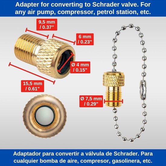 SnelShoppen - Set van 4 Fietsklepadapter voor Presta, Dunlop en Auto Ventielen - Inclusief Extra O-ring en Bevestigingshalsketting - Voor Hand- en Voe — afbeelding 3