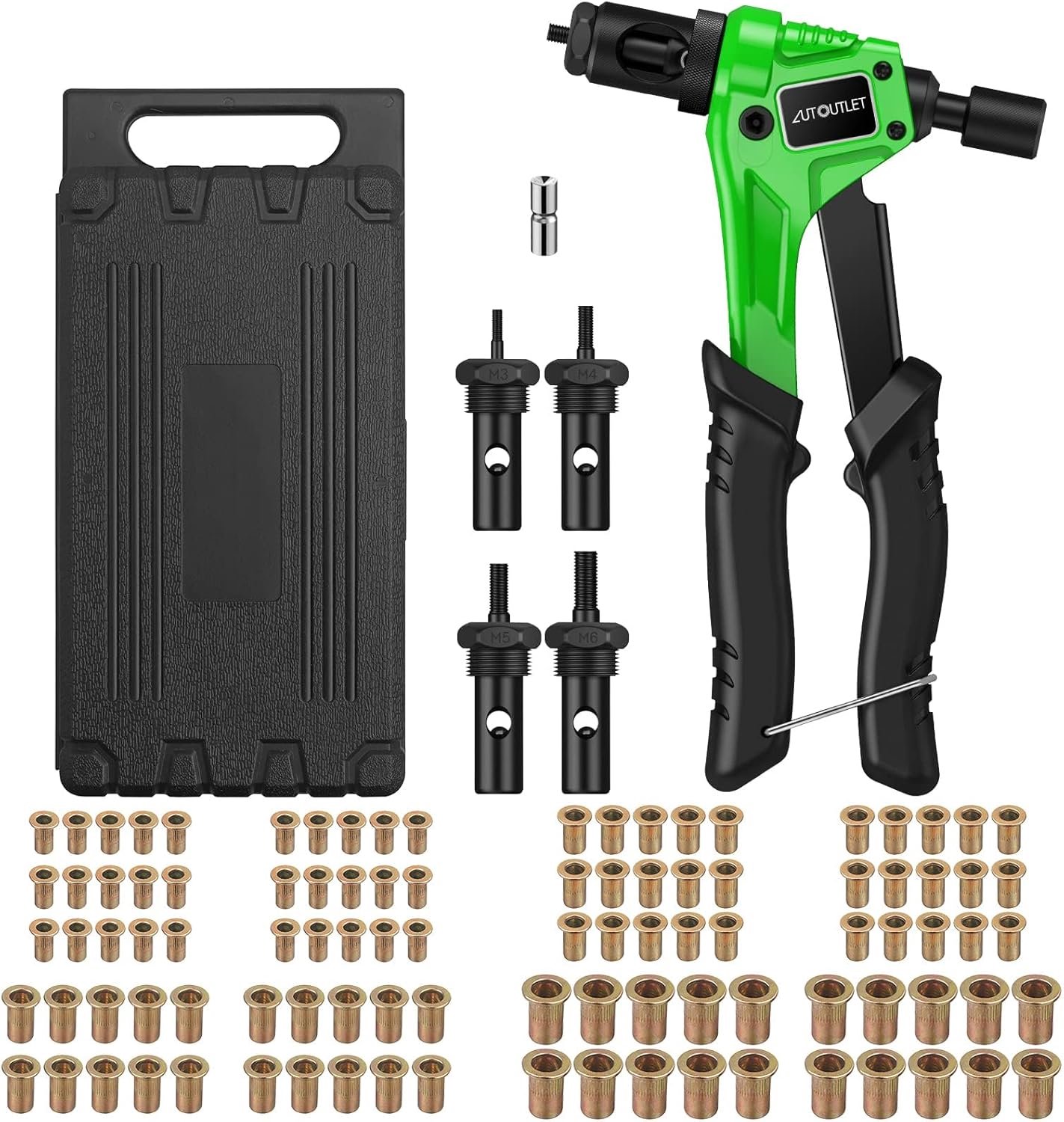 SnelShoppen - Handmatig Klinknagelpistool 8" met Verwisselbare Spuiten M3 M4 M5 M6 - 60 HRC Legeringstaal, TPR Handvat Groen Zwart - Inclusief 100 Moe