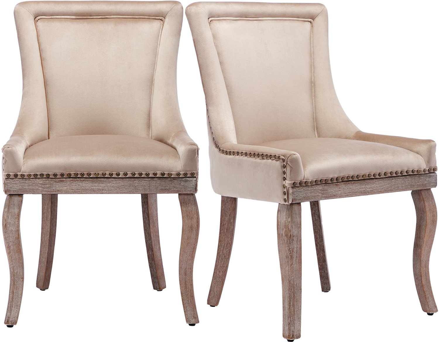 SONNENH Eetkamerstoelen set van 2 met beige velvet, gebogen rubberhouten poten en decoratieve nagelkoppen Beige en verouderde houtkleur