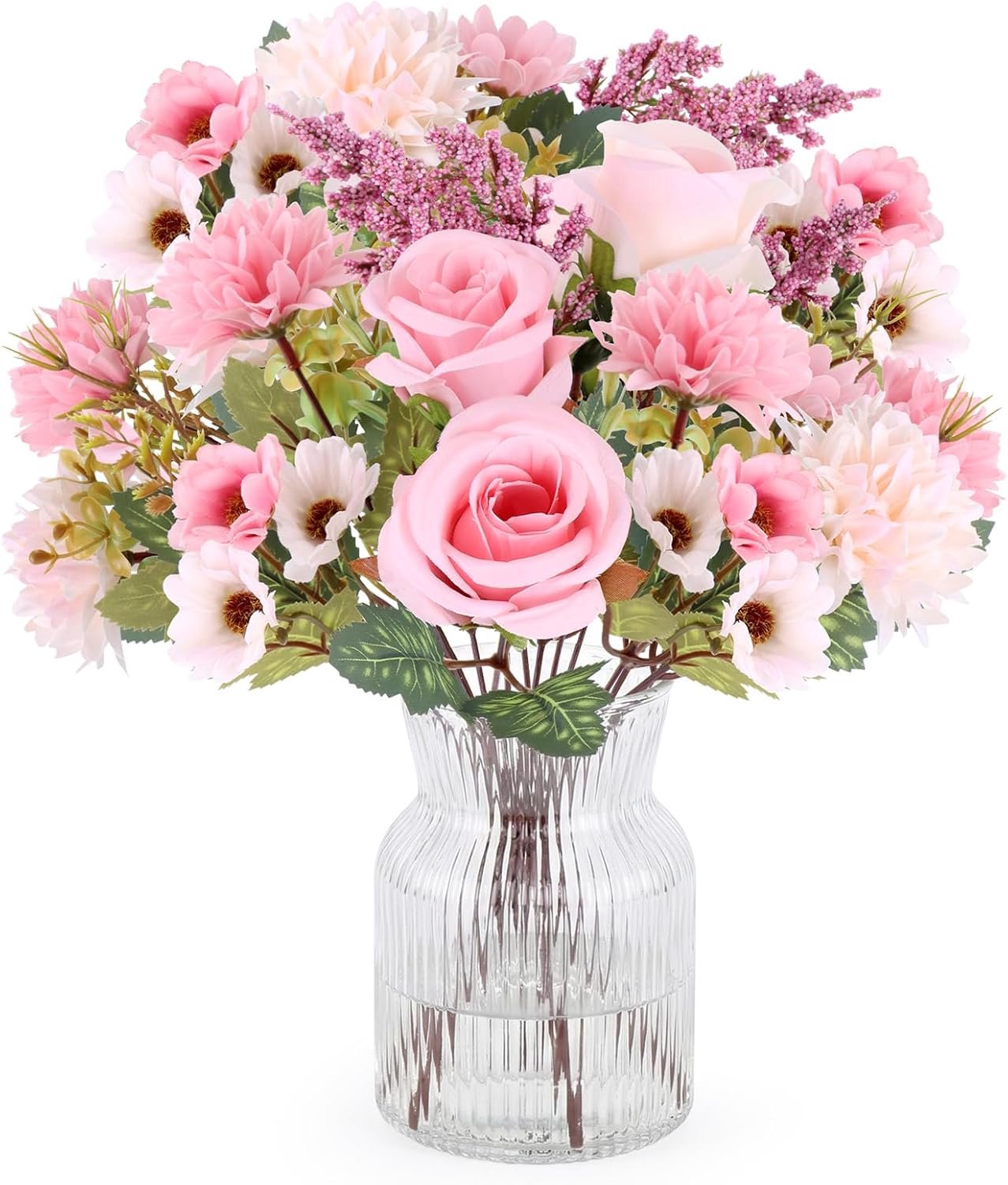 SnelShoppen - 4 Boeketten Kunstbloemen Roze - Kunstrozen en Kunsthortensia - Luxe Decoratie van Zijde voor Bruiloft, Feest, Tafelstuk en Woondecoratie