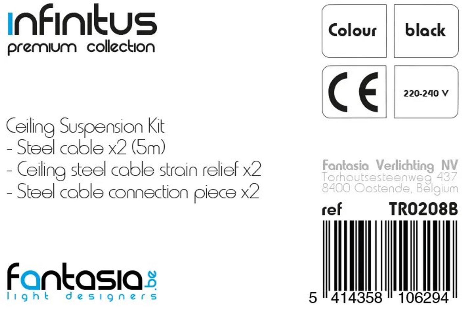 Infinitus ophangkit in zwart voor pendellampen uit de Fantasia Infinitus-serie, kabellengte 5 meter, Premium-collectie.