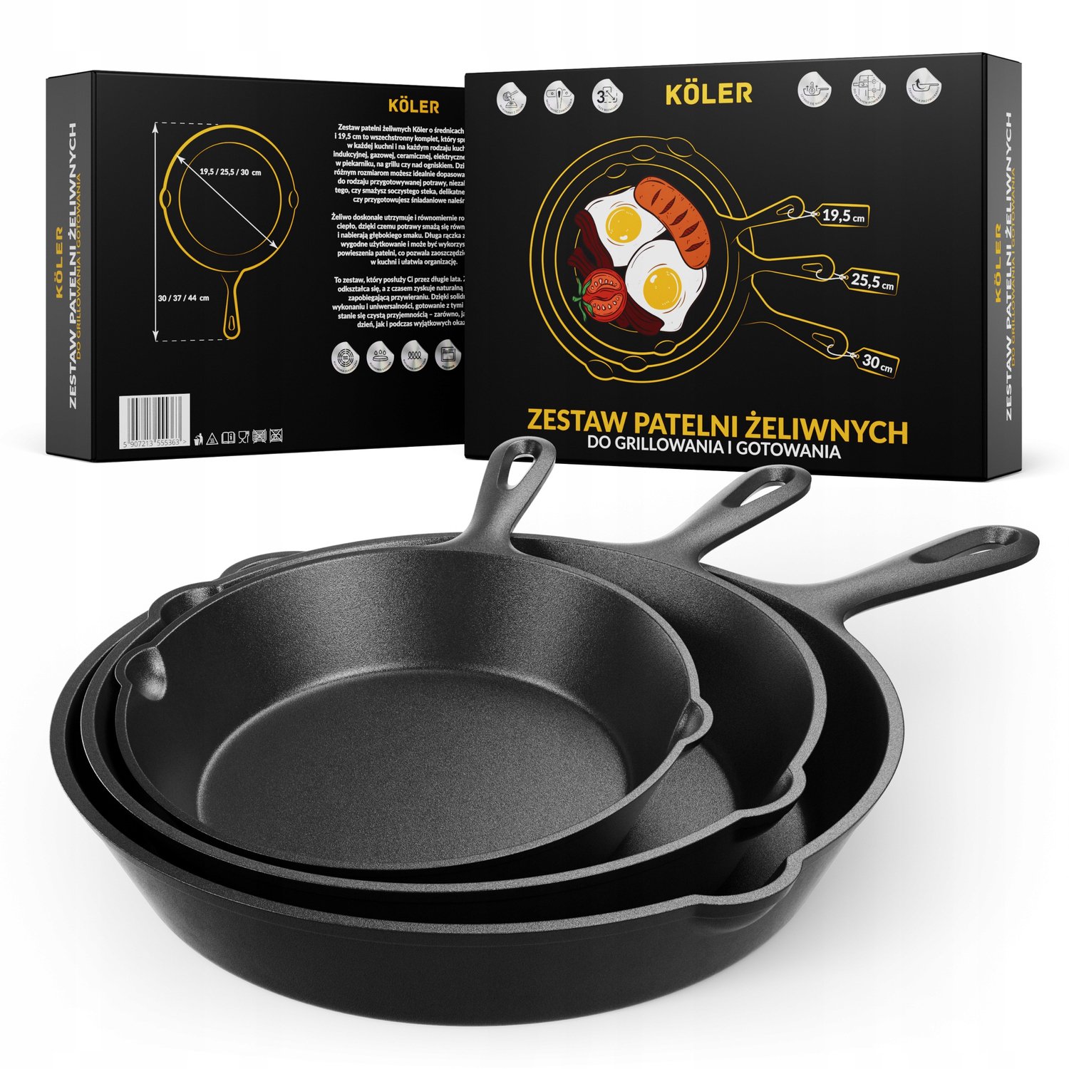 KÖLER Gietijzeren Koekenpan Set (3 stuks) + Hittebestendige Handvat