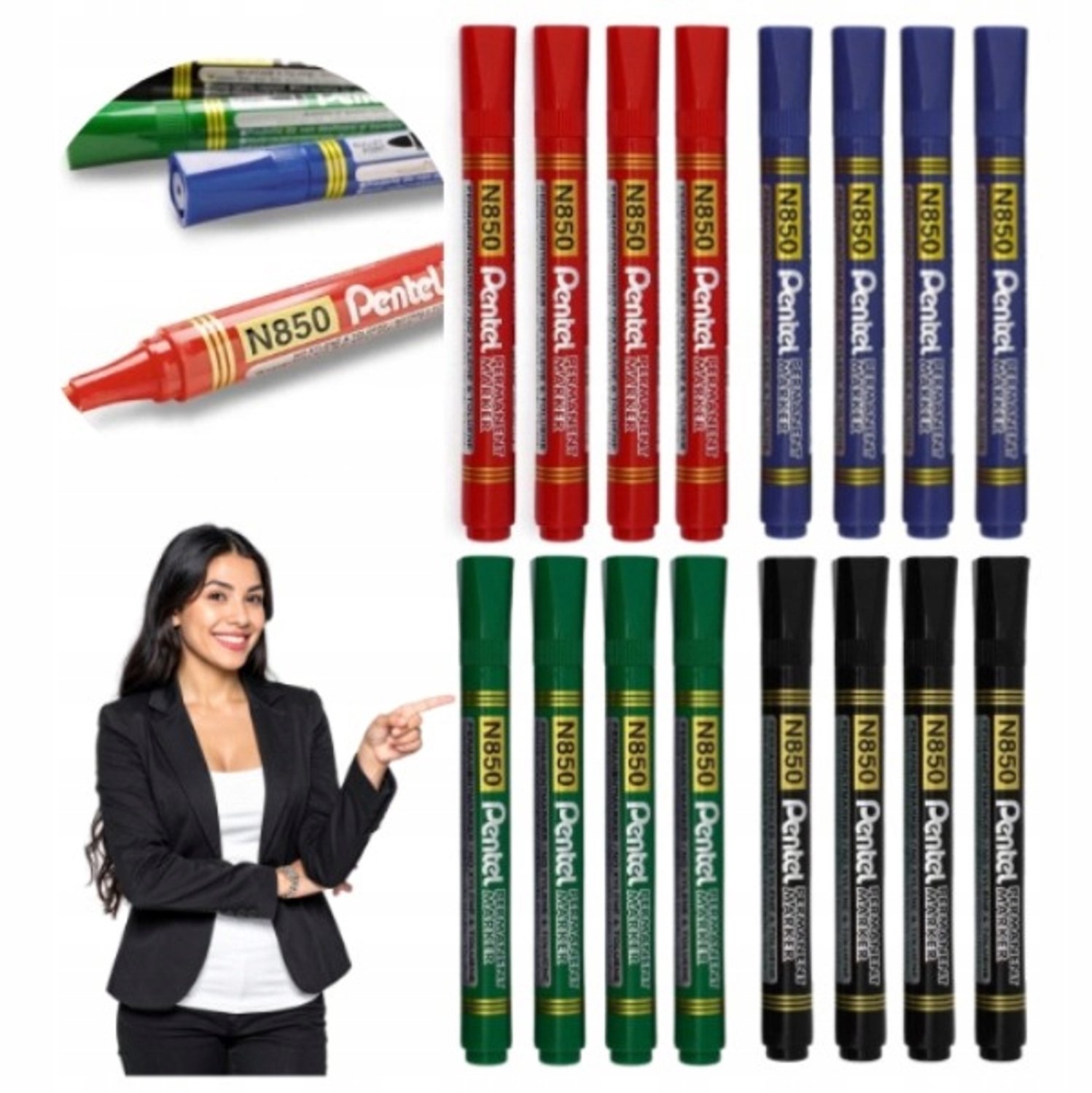 Pentel N850 Markers: 16 stuks, 4 kleuren, permanent, metaal & plastic