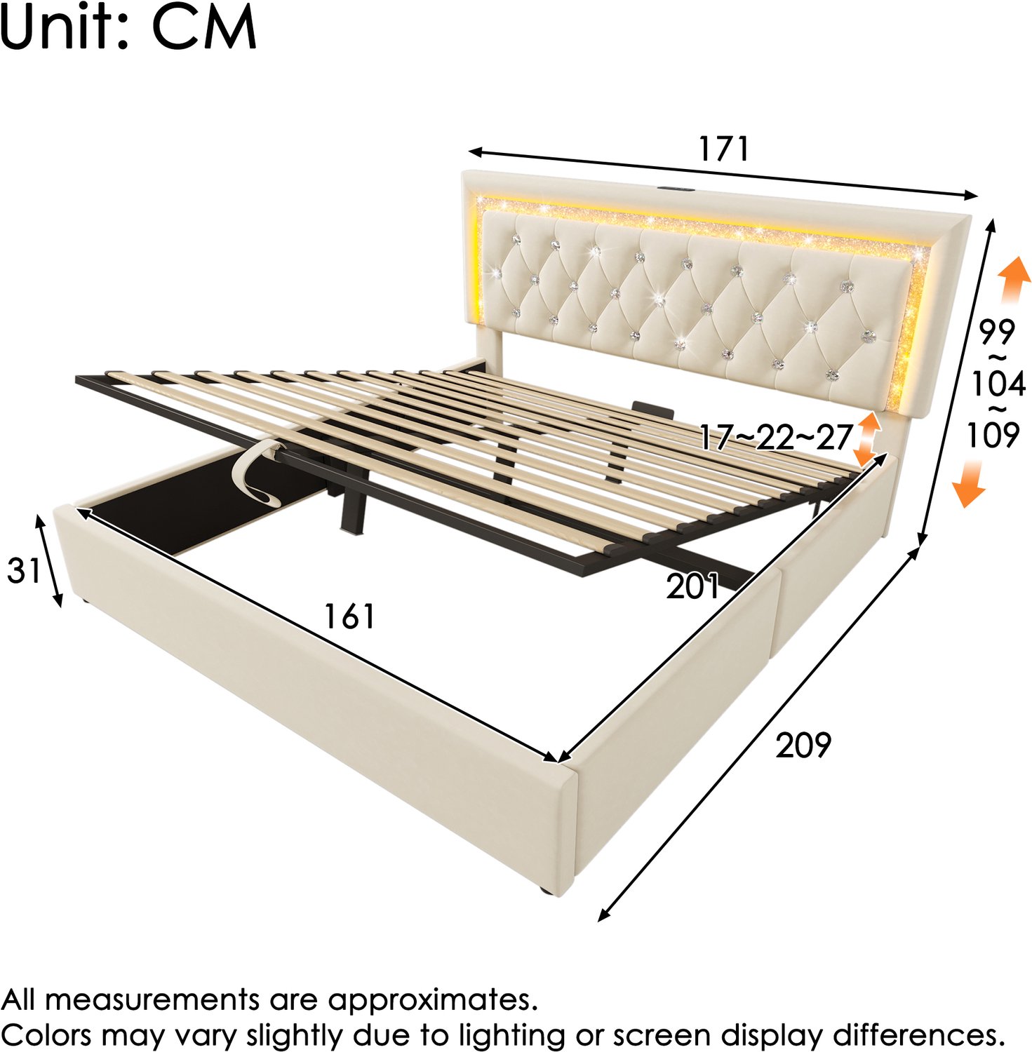 Vovtenza Gestoffeerd bed 160x200 cm - fluweel tweepersoonsbed met LED-diamantstrip in hoofdeinde - USB & Type-C oplaadstation - hydraulische bedbak - tienerbed met opbergruimte en lattenbodem - Beige (Zonder matras)
