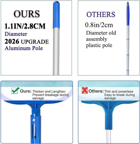 Zwembadschepnet 182 cm - Reinigingsnet voor zwembad, vijver en fontein met afneembare handgreep, aluminium skimmer en bladschepnet voor optimale zwembadreiniging — afbeelding 4