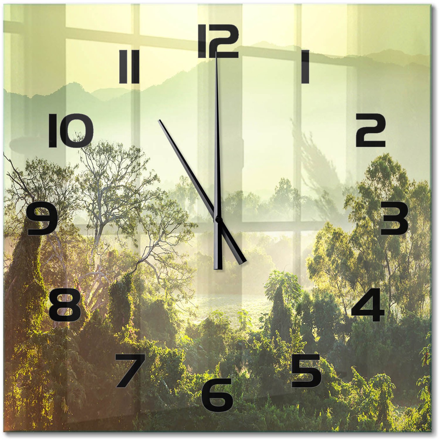 TULUP Wandklok - jungle Klok Glas Met Opdruk - 60x60 cm - Groente Moderne Wandklok Glas - Zwarte handen - Vierkante Klok - Decoratieve Glazen Klok - Glazen Wandklok Design
