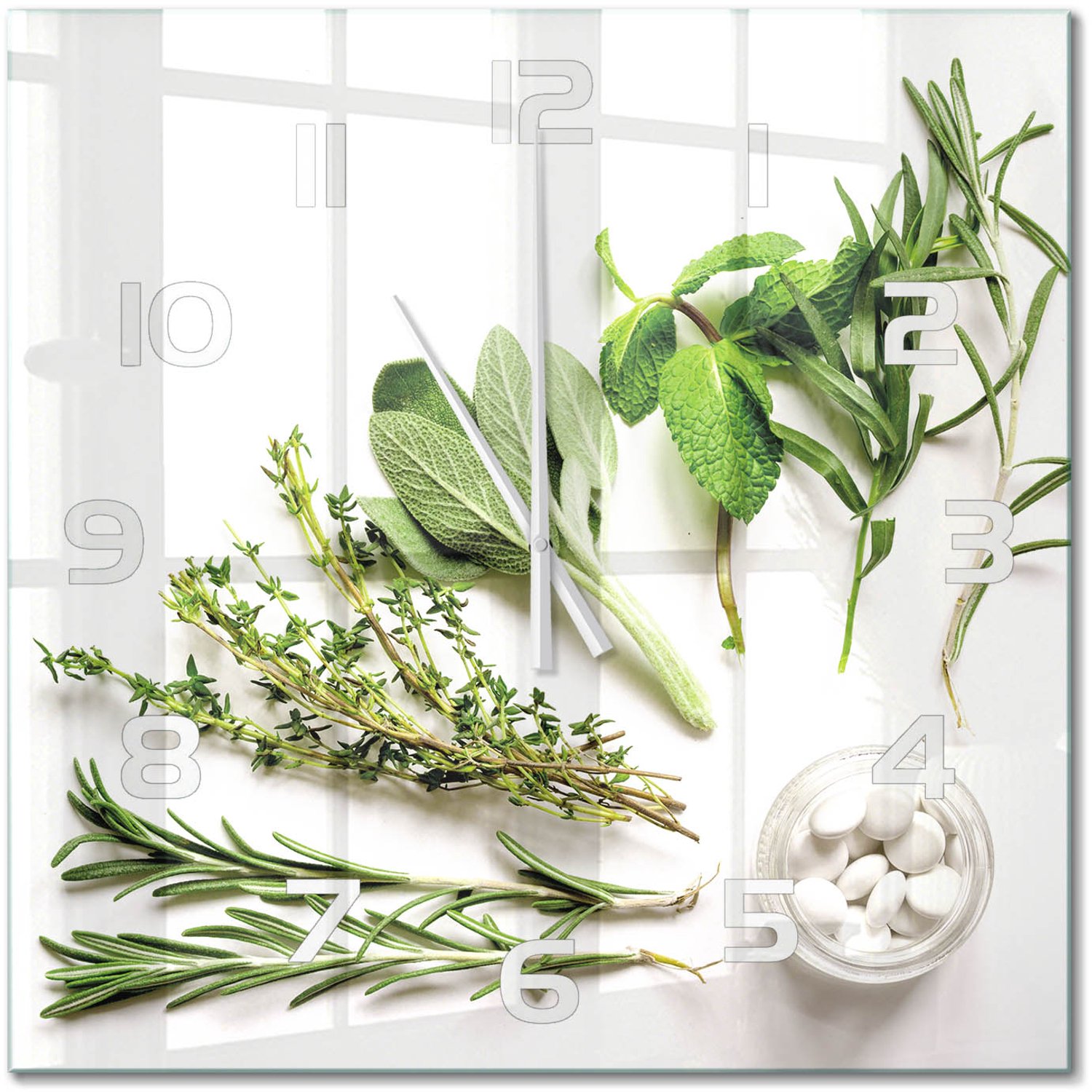 TULUP Wandklok - Kruiden Wandklok Glas Decoratie - 60x60 cm - Groente Gekleurde Glazen Klok - Witte handen - Vierkante Klok - Klok Glas Met Opdruk - Moderne Wandklok Glas