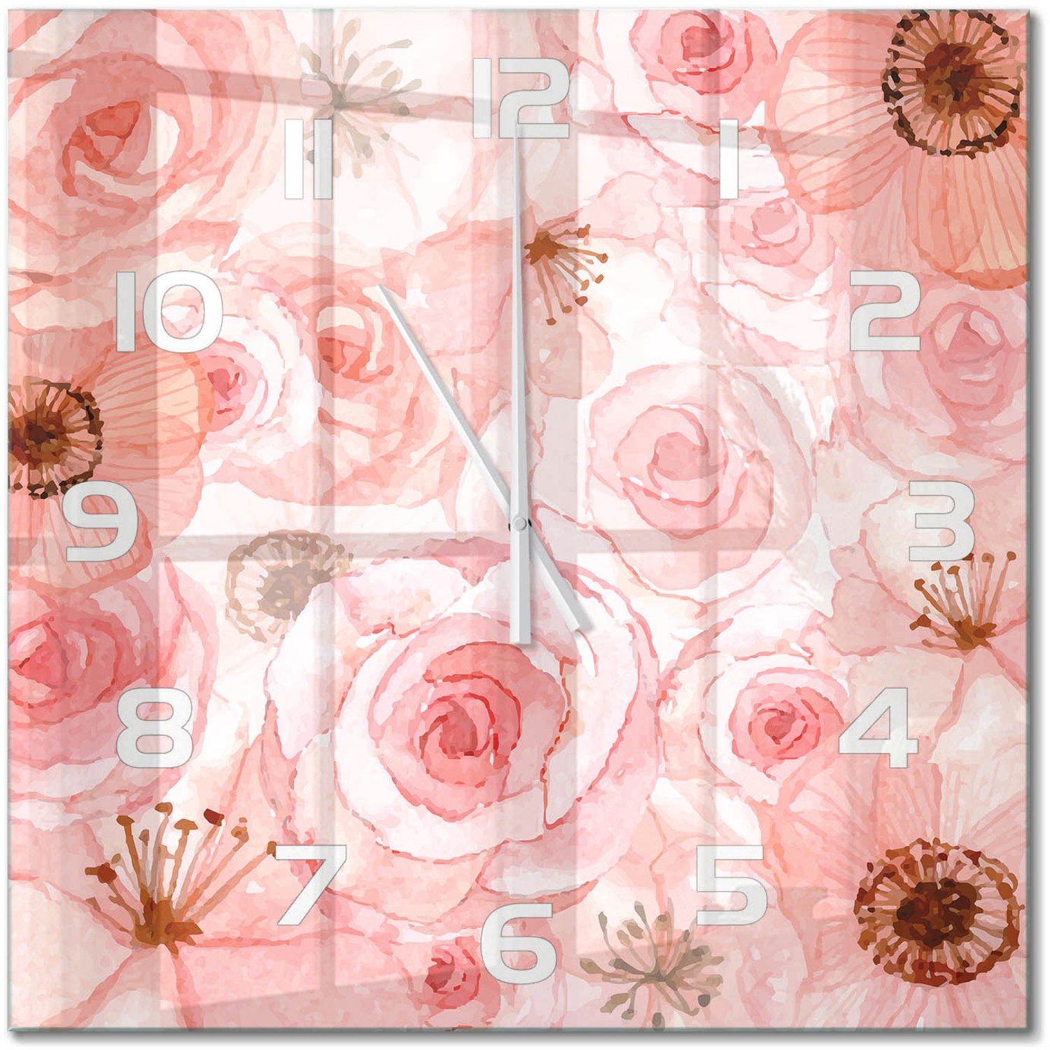 TULUP Wandklok - Bloemenpatroon Gekleurde Glazen Klok - 60x60 cm - Roze Glazen Klok Met Print - Witte handen - Vierkante Klok - Moderne Wandklok Glas - Wandklok Glas Decoratie