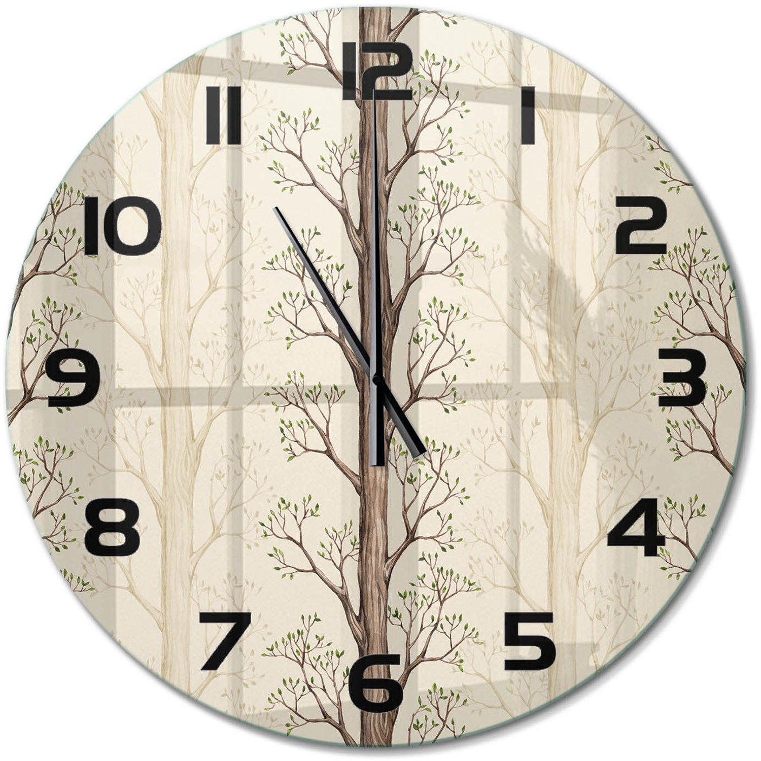 TULUP Wandklok - Bomen Decoratieve Glazen Klok - fi60 cm - Bruin Glazen Wandklok Design - Zwarte handen - Ronde Klok - Glazen Klok Met Print - Wandklok Glas Met Motief