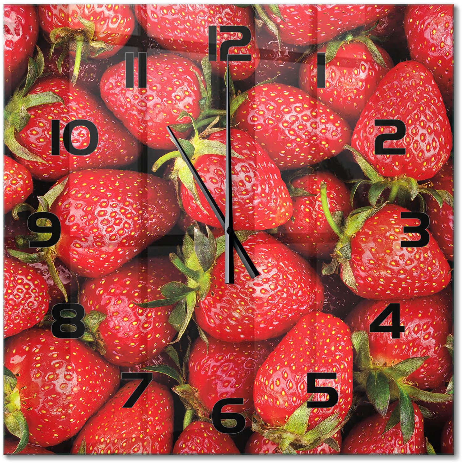 TULUP Wandklok - Aardbeien Wandklok Glas Decoratie - 60x60 cm - Rood Gekleurde Glazen Klok - Zwarte handen - Vierkante Klok - Klok Glas Met Opdruk - Moderne Wandklok Glas