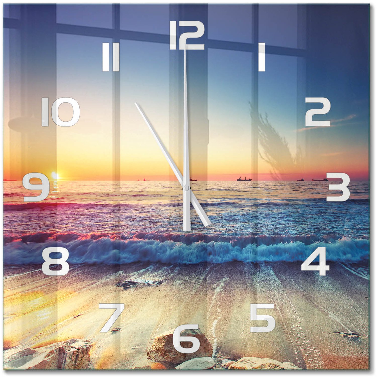 TULUP Wandklok - Zonsopgang boven de zee Wandklok Glas Decoratie - 60x60 cm - Oranje Gekleurde Glazen Klok - Witte handen - Vierkante Klok - Klok Glas Met Opdruk - Moderne Wandklok Glas