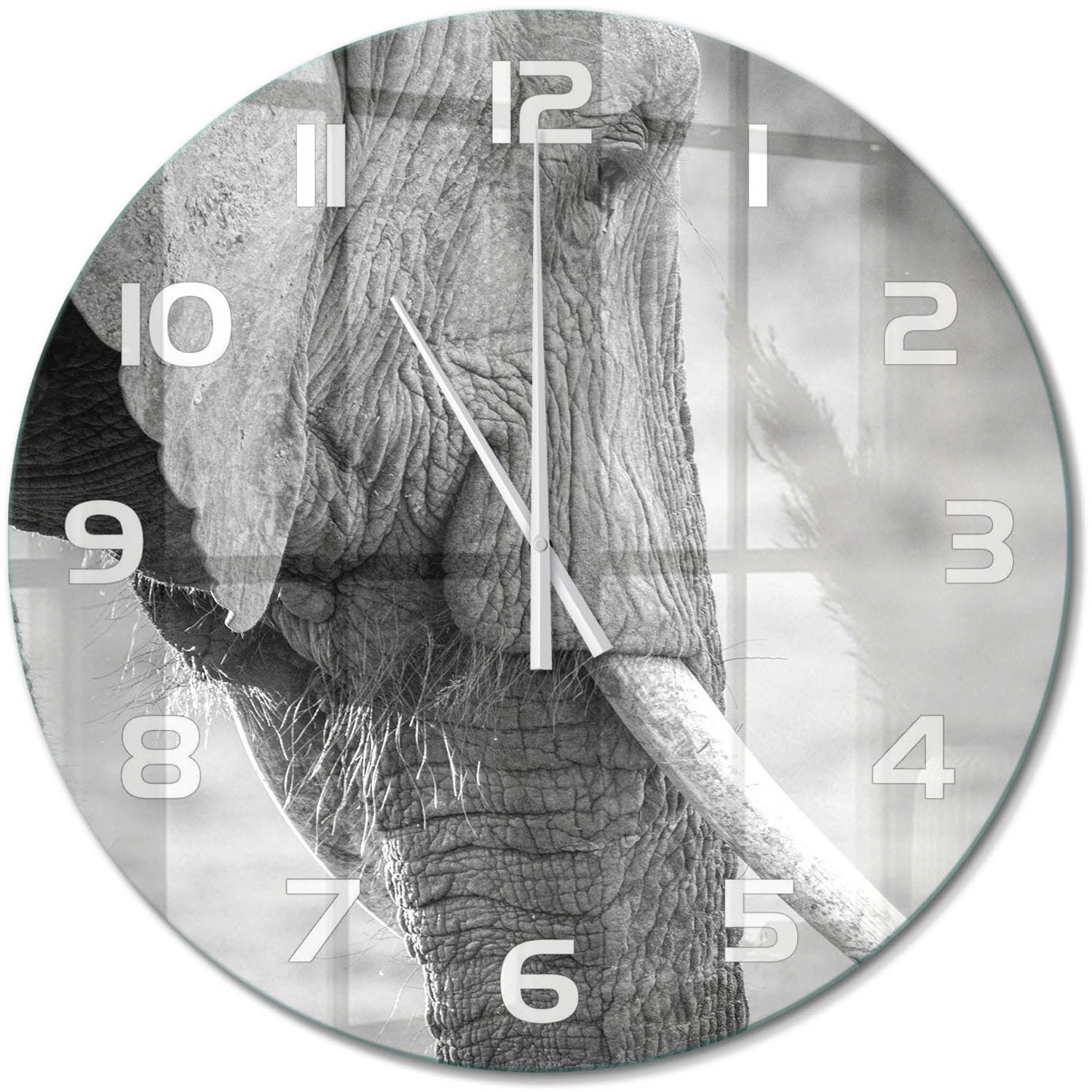 TULUP Wandklok - Olifant Moderne Wandklok Glas - fi60 cm - Zwart-wit Wandklok Glas Decoratie - Witte handen - Ronde Klok - Glazen Wandklok Design - Klok Glas Met Opdruk