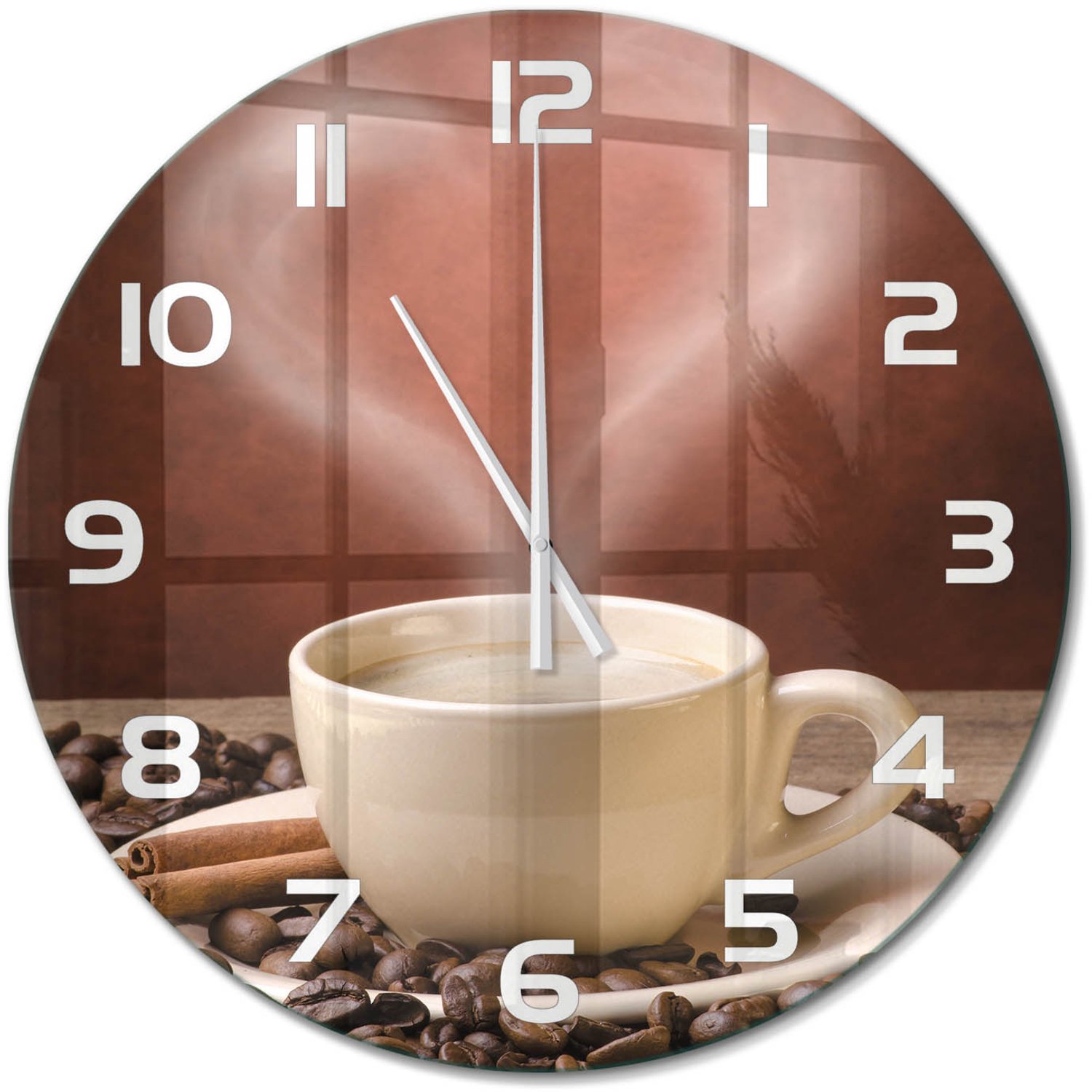 TULUP Wandklok - Aromatische koffie Glazen Klok Met Print - fi60 cm - Bruin Wandklok Glas Met Motief - Witte handen - Ronde Klok - Wandklok Glas Decoratie - Gekleurde Glazen Klok