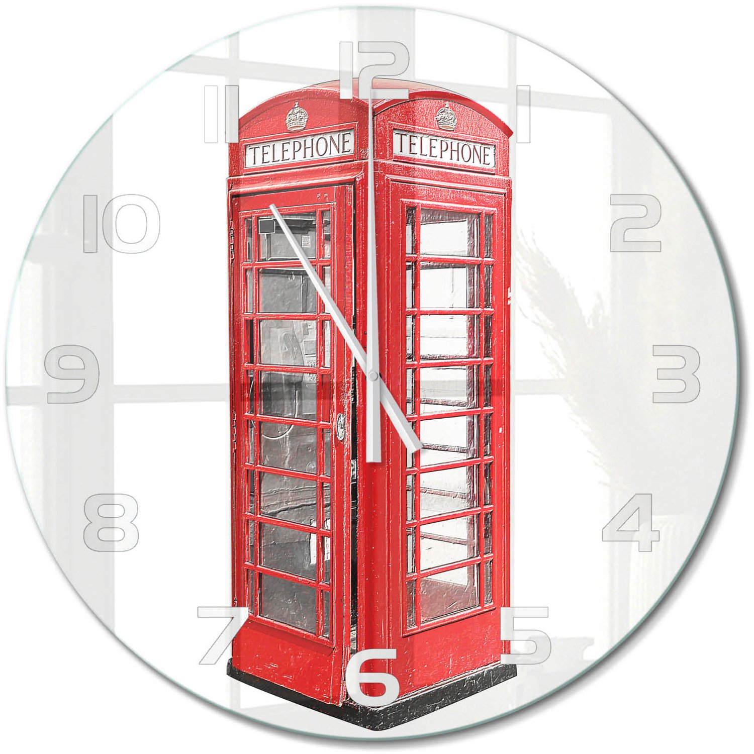 TULUP Wandklok - Openbare telefoon Moderne Wandklok Glas - fi60 cm - Rood Wandklok Glas Decoratie - Witte handen - Ronde Klok - Glazen Wandklok Design - Klok Glas Met Opdruk