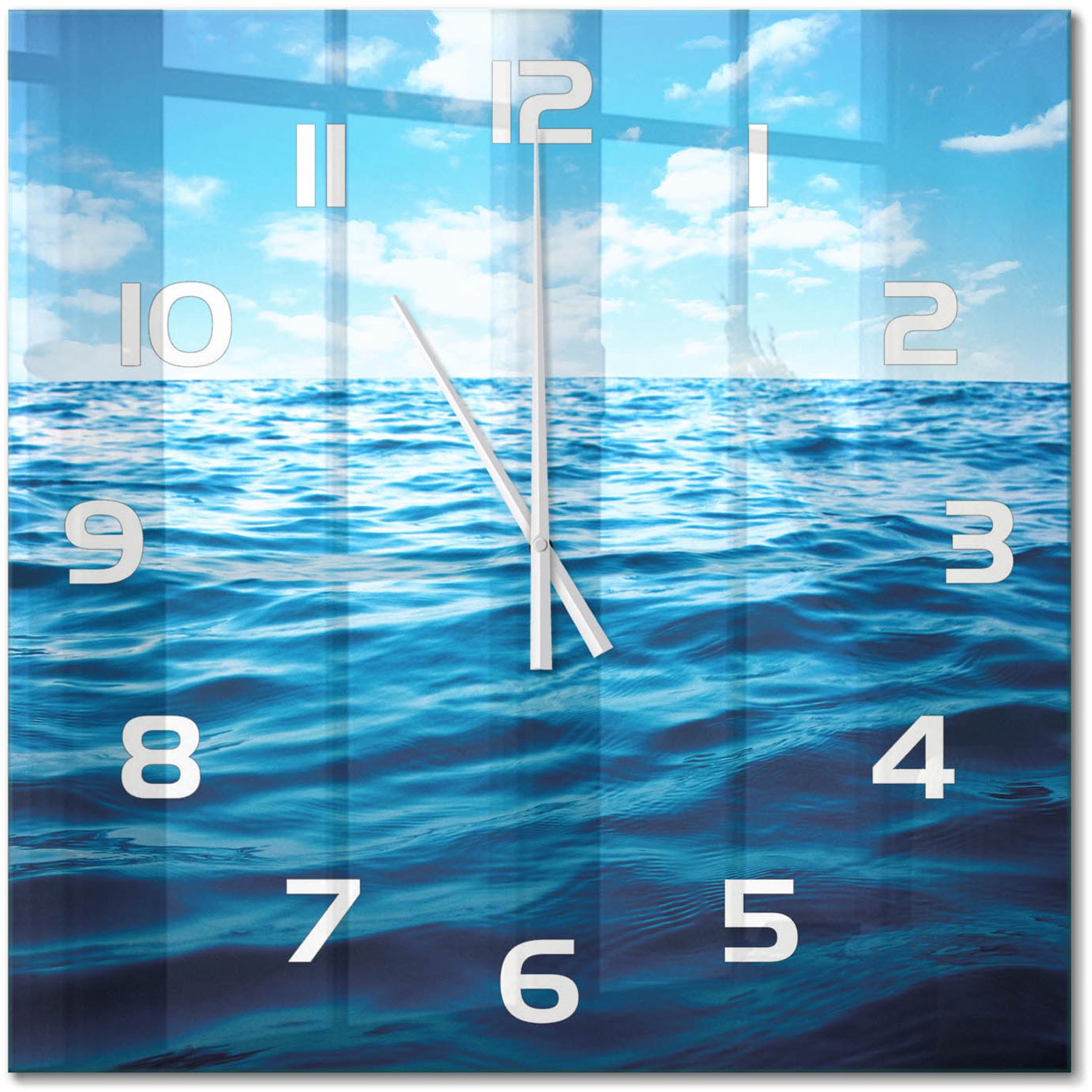TULUP Wandklok - Zeewater Klok Glas Met Opdruk - 60x60 cm - Blauw Moderne Wandklok Glas - Witte handen - Vierkante Klok - Decoratieve Glazen Klok - Glazen Wandklok Design