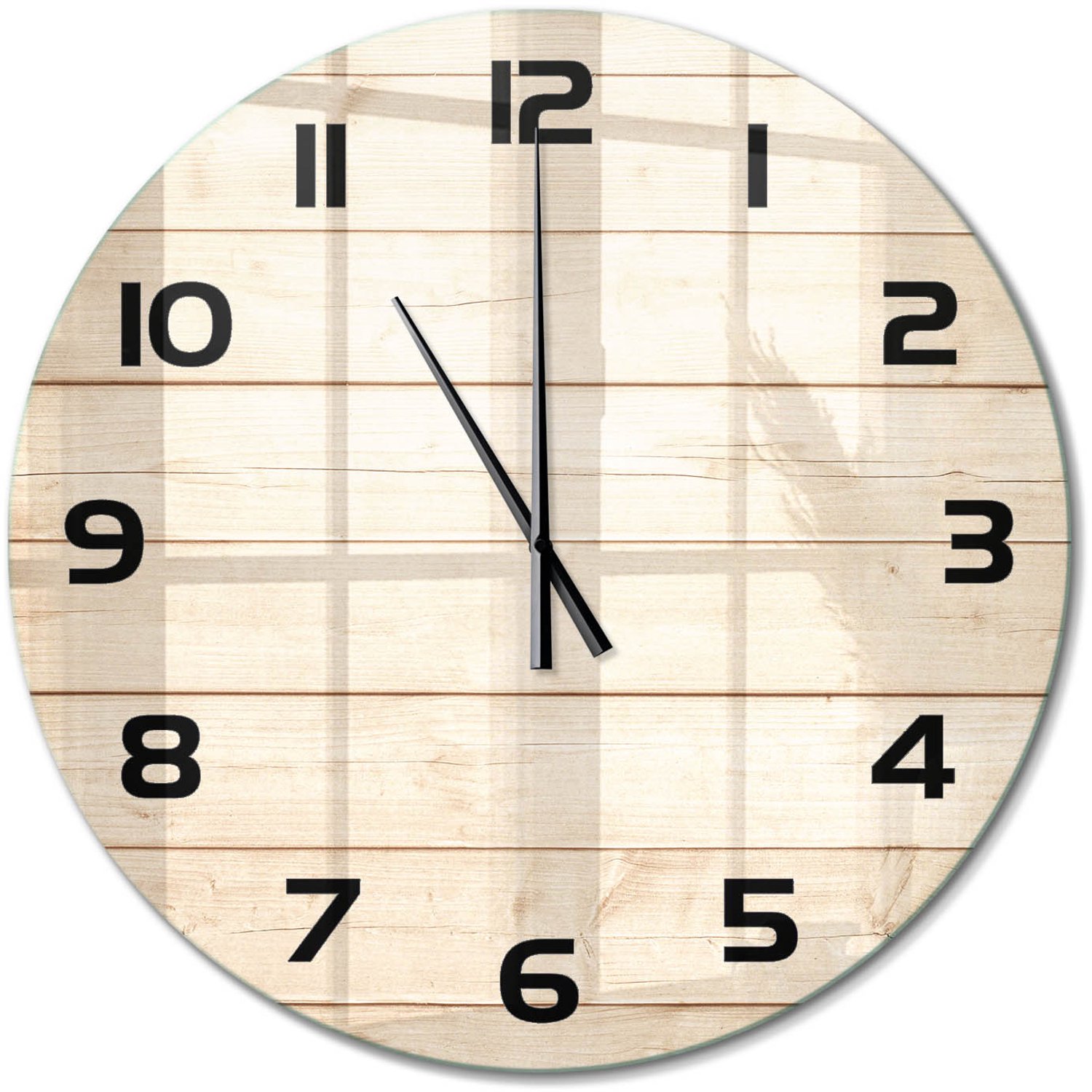 TULUP Wandklok - Houten achtergrond Moderne Wandklok Glas - fi60 cm - Beige Wandklok Glas Decoratie - Zwarte handen - Ronde Klok - Glazen Wandklok Design - Klok Glas Met Opdruk