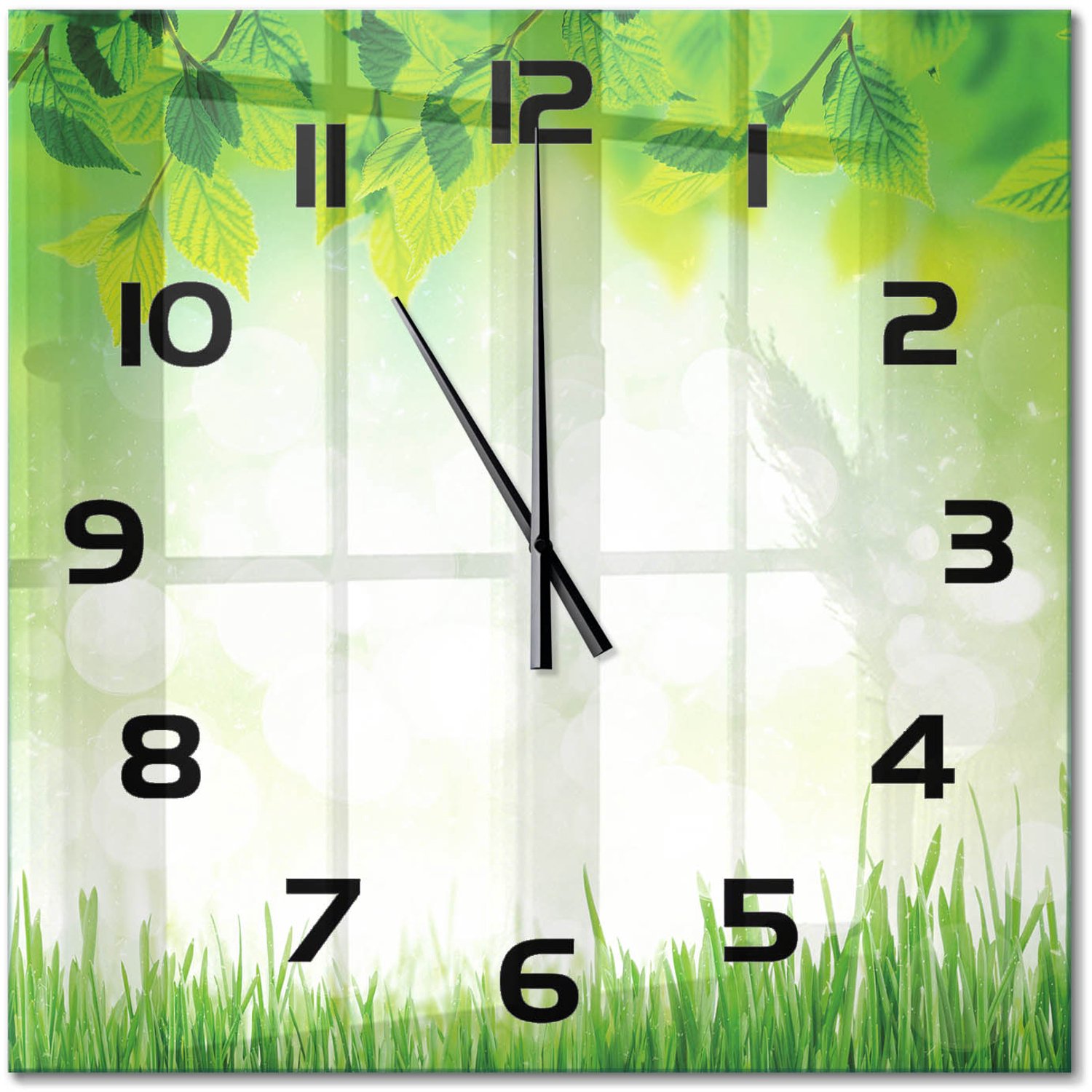TULUP Wandklok - Bladeren en gras Klok Glas Met Opdruk - 60x60 cm - Groente Moderne Wandklok Glas - Zwarte handen - Vierkante Klok - Decoratieve Glazen Klok - Glazen Wandklok Design