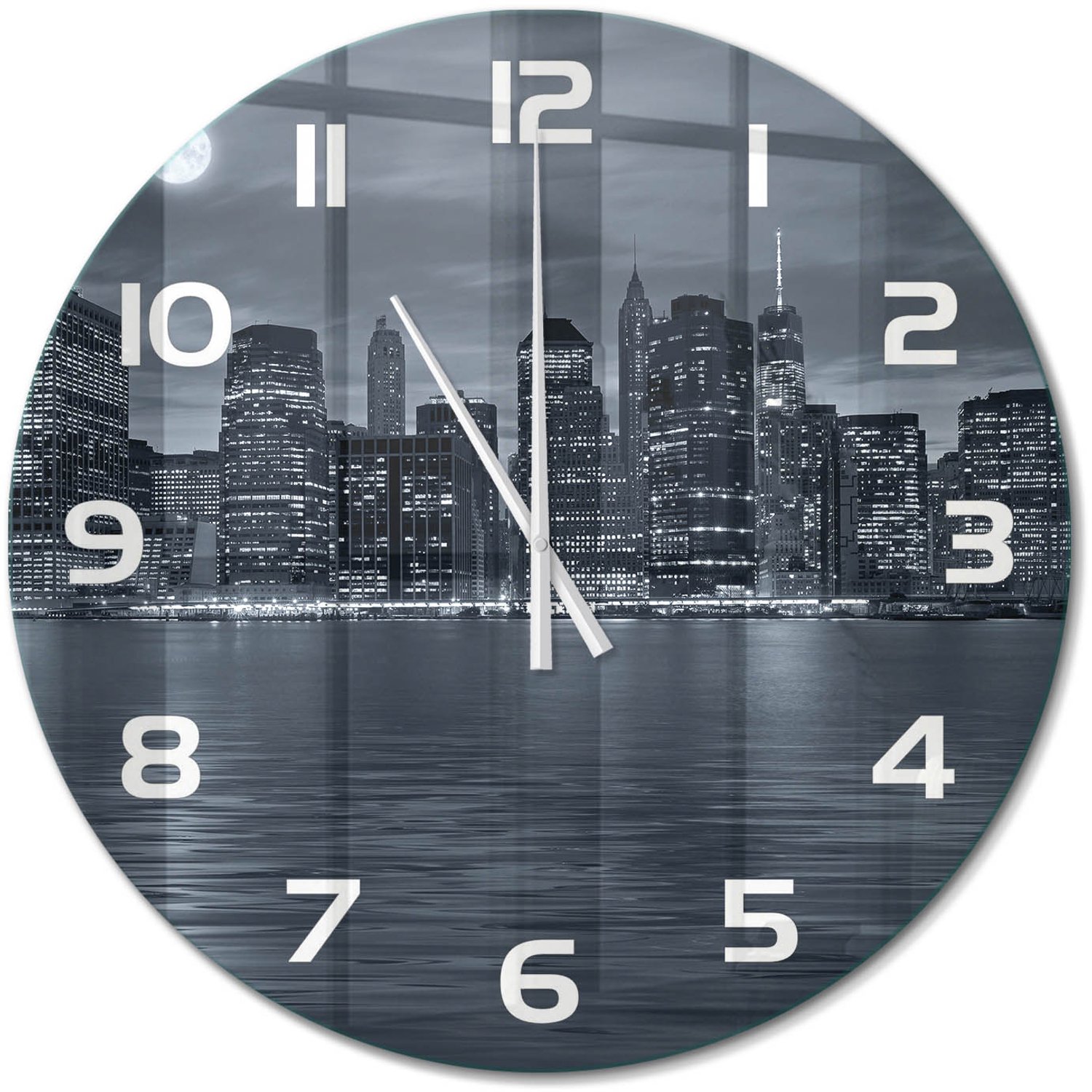 TULUP Wandklok - New York 's nachts Wandklok Glas Met Motief - fi60 cm - Zwart-wit Decoratieve Glazen Klok - Witte handen - Ronde Klok - Gekleurde Glazen Klok - Glazen Klok Met Print