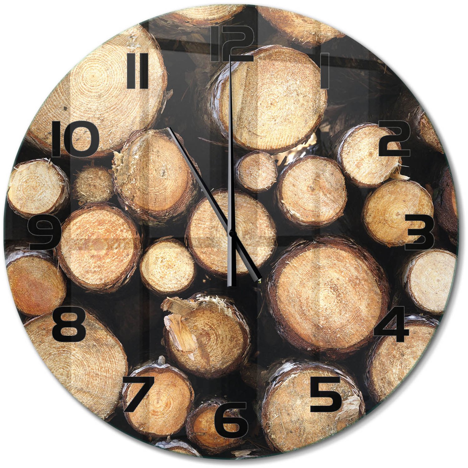 TULUP Wandklok - Logboeken Wandklok Glas Met Motief - fi60 cm - Bruin Decoratieve Glazen Klok - Zwarte handen - Ronde Klok - Gekleurde Glazen Klok - Glazen Klok Met Print