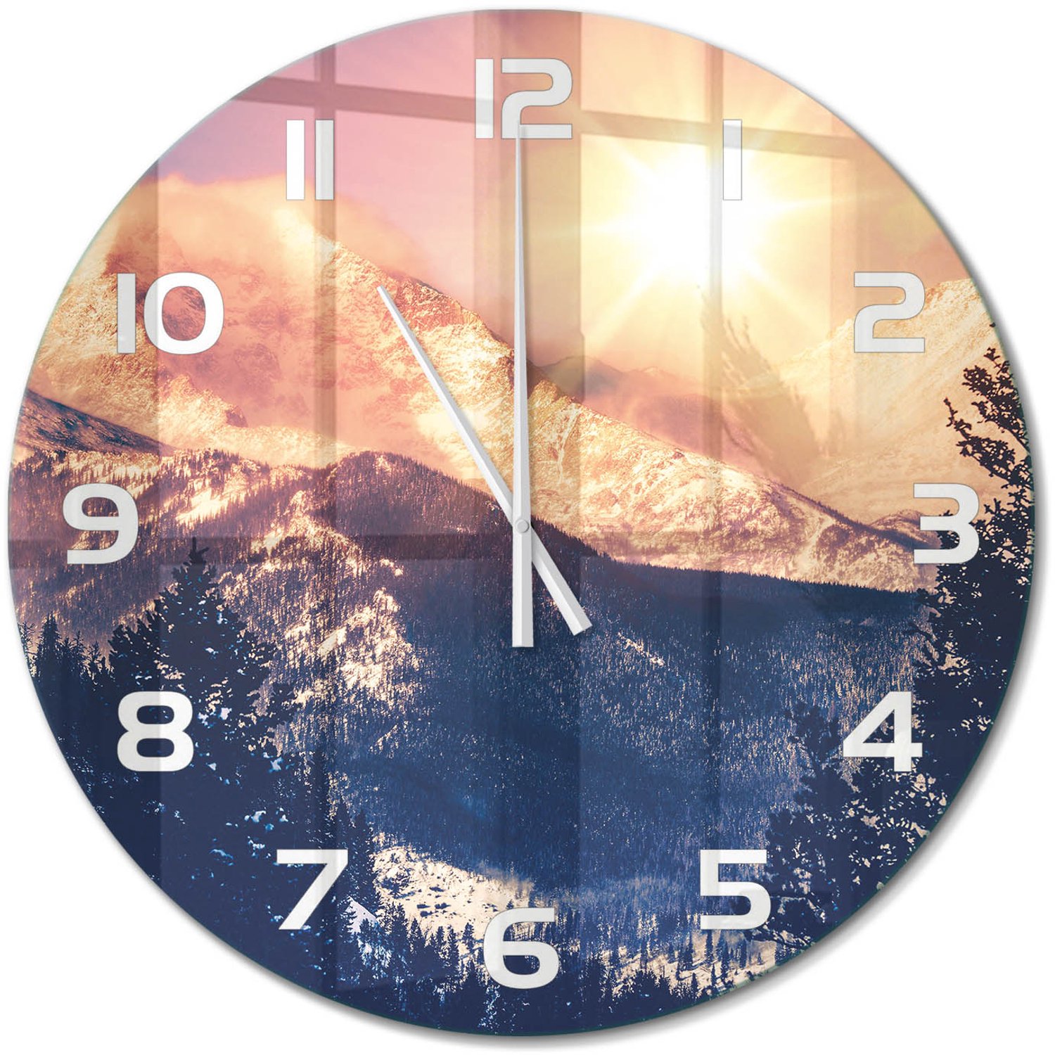 TULUP Wandklok - De zon boven de bergen Gekleurde Glazen Klok - fi60 cm - Geel Glazen Klok Met Print - Witte handen - Ronde Klok - Moderne Wandklok Glas - Wandklok Glas Decoratie