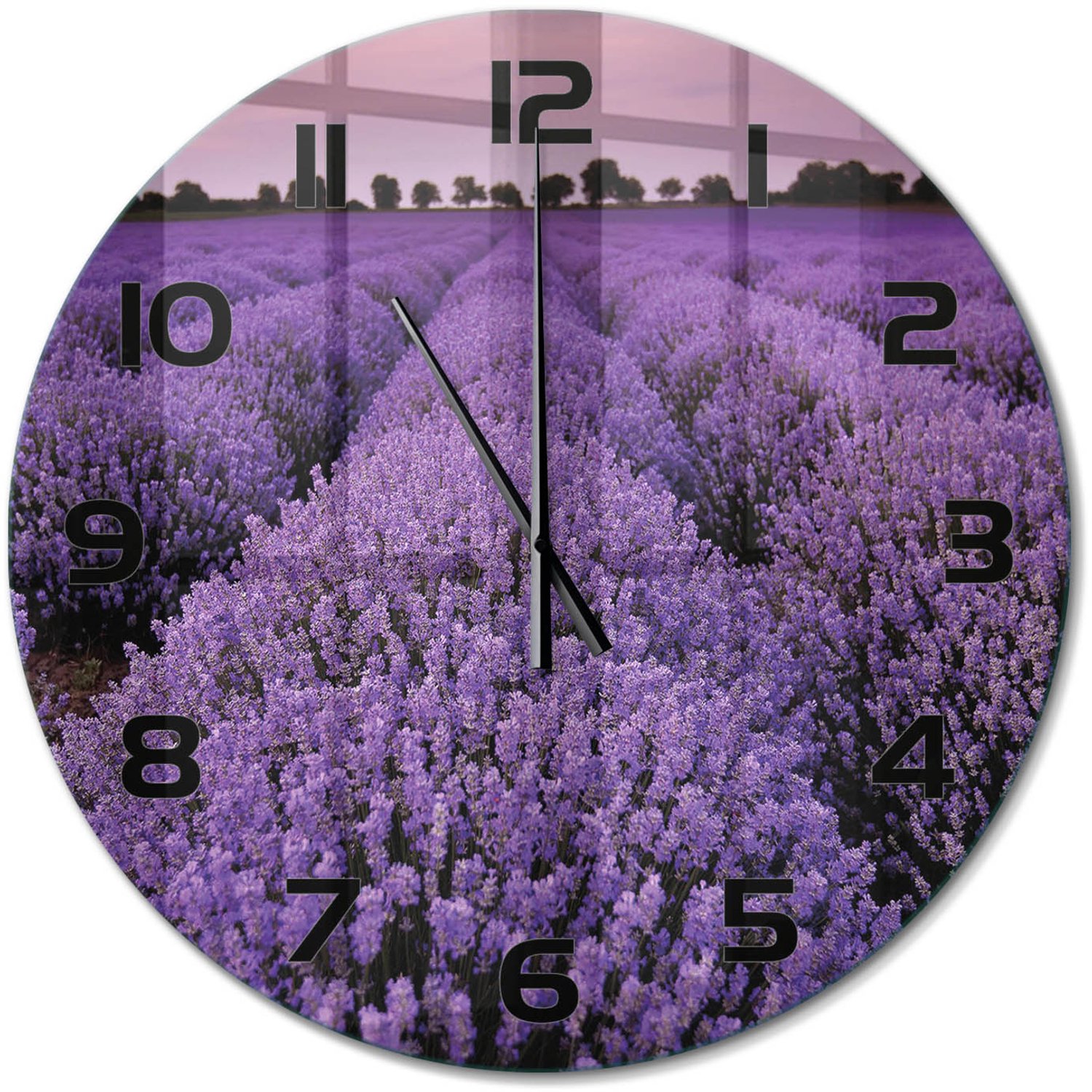 TULUP Wandklok - Lavendelveld Moderne Wandklok Glas - fi60 cm - Paars Wandklok Glas Decoratie - Zwarte handen - Ronde Klok - Glazen Wandklok Design - Klok Glas Met Opdruk