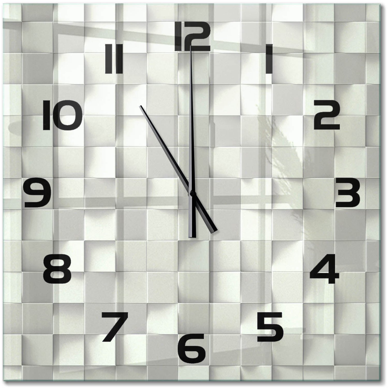 TULUP Wandklok - Geometrische achtergrond Decoratieve Glazen Klok - 60x60 cm - Wit Glazen Wandklok Design - Zwarte handen - Vierkante Klok - Glazen Klok Met Print - Wandklok Glas Met Motief
