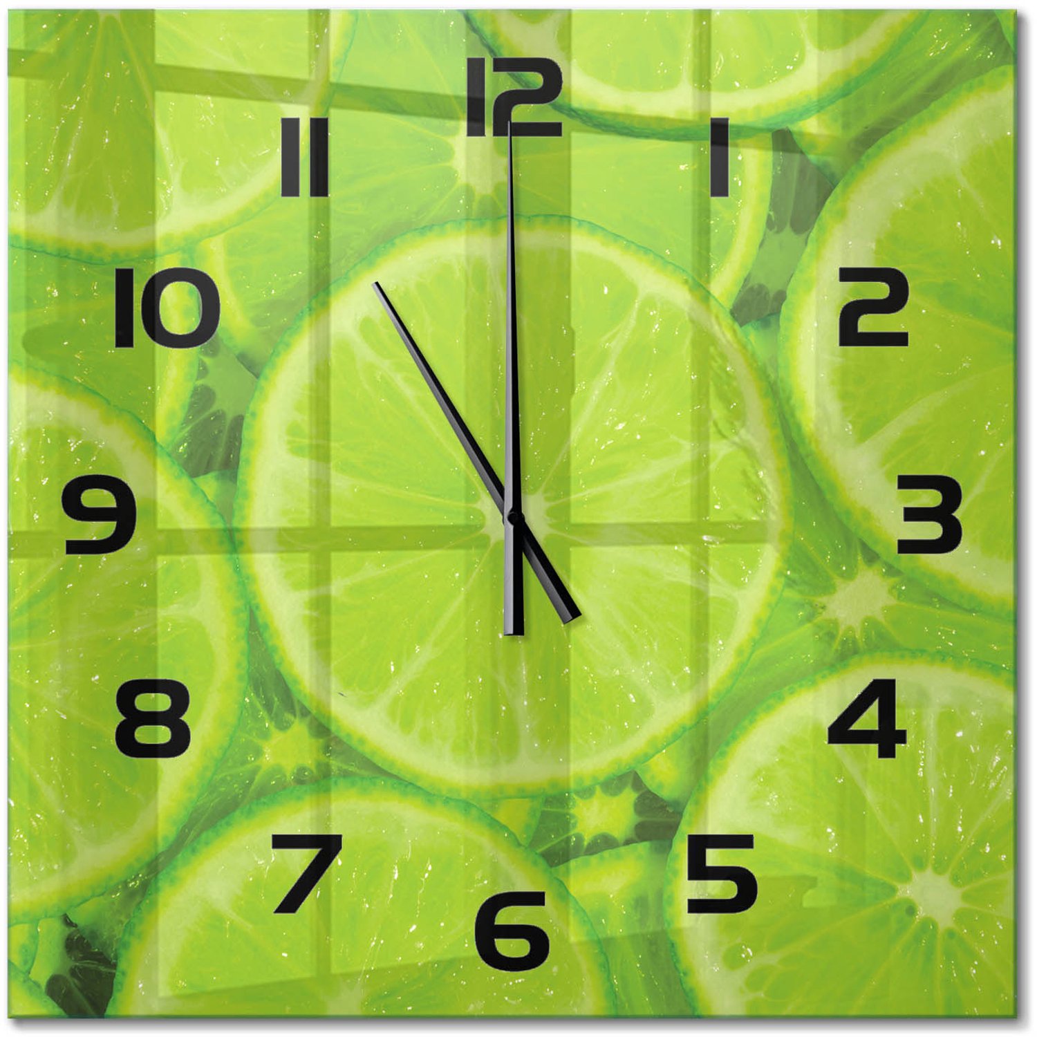 TULUP Wandklok - Limoenen Decoratieve Glazen Klok - 60x60 cm - Groente Glazen Wandklok Design - Zwarte handen - Vierkante Klok - Glazen Klok Met Print - Wandklok Glas Met Motief