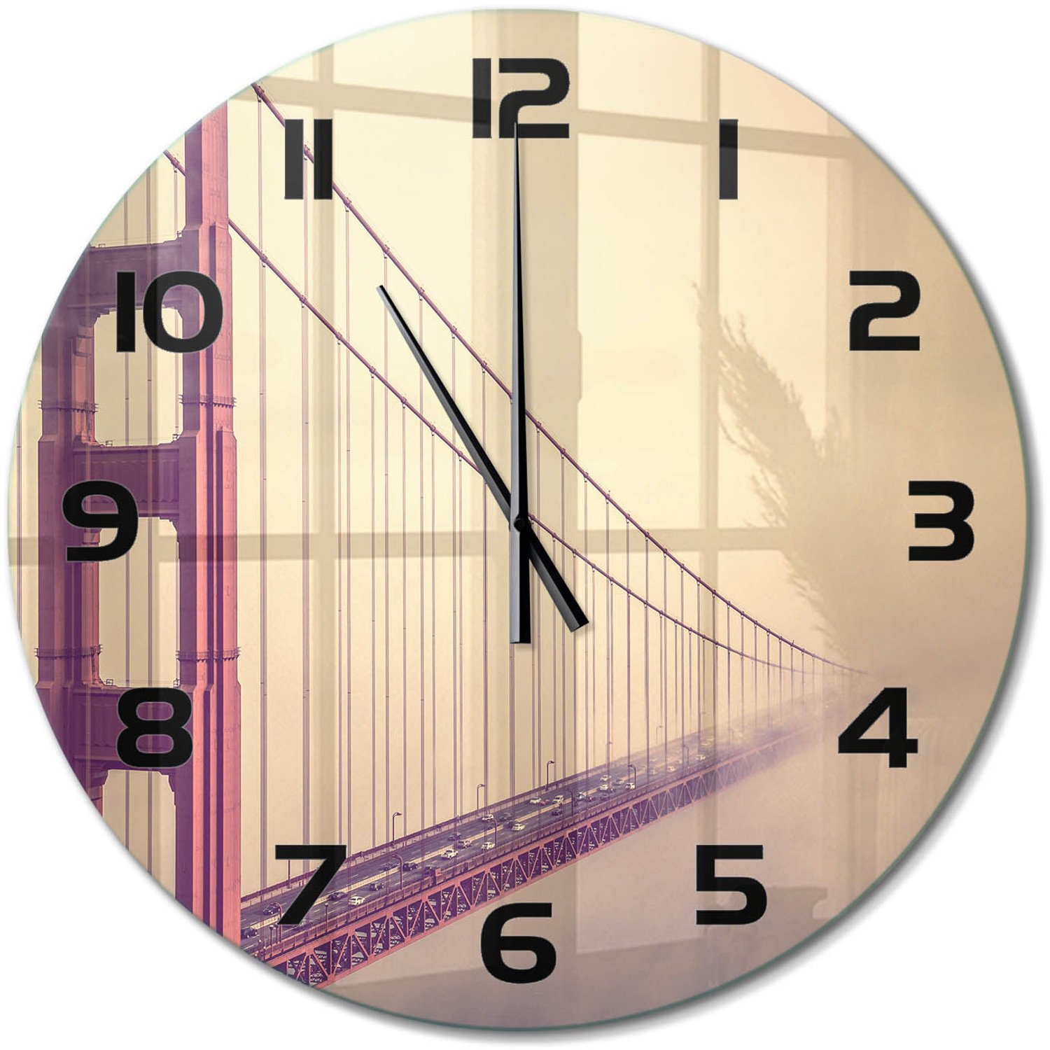 TULUP Wandklok - San Francisco-brug Moderne Wandklok Glas - fi60 cm - Rood Wandklok Glas Decoratie - Zwarte handen - Ronde Klok - Glazen Wandklok Design - Klok Glas Met Opdruk
