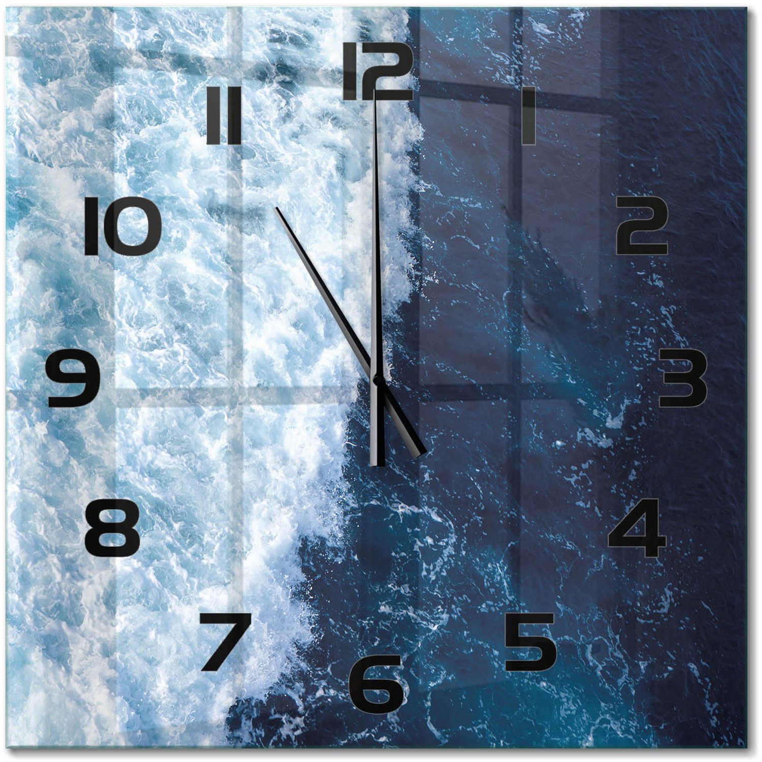 TULUP Wandklok - Oceaangolven Wandklok Glas Decoratie - 60x60 cm - Blauw Gekleurde Glazen Klok - Zwarte handen - Vierkante Klok - Klok Glas Met Opdruk - Moderne Wandklok Glas