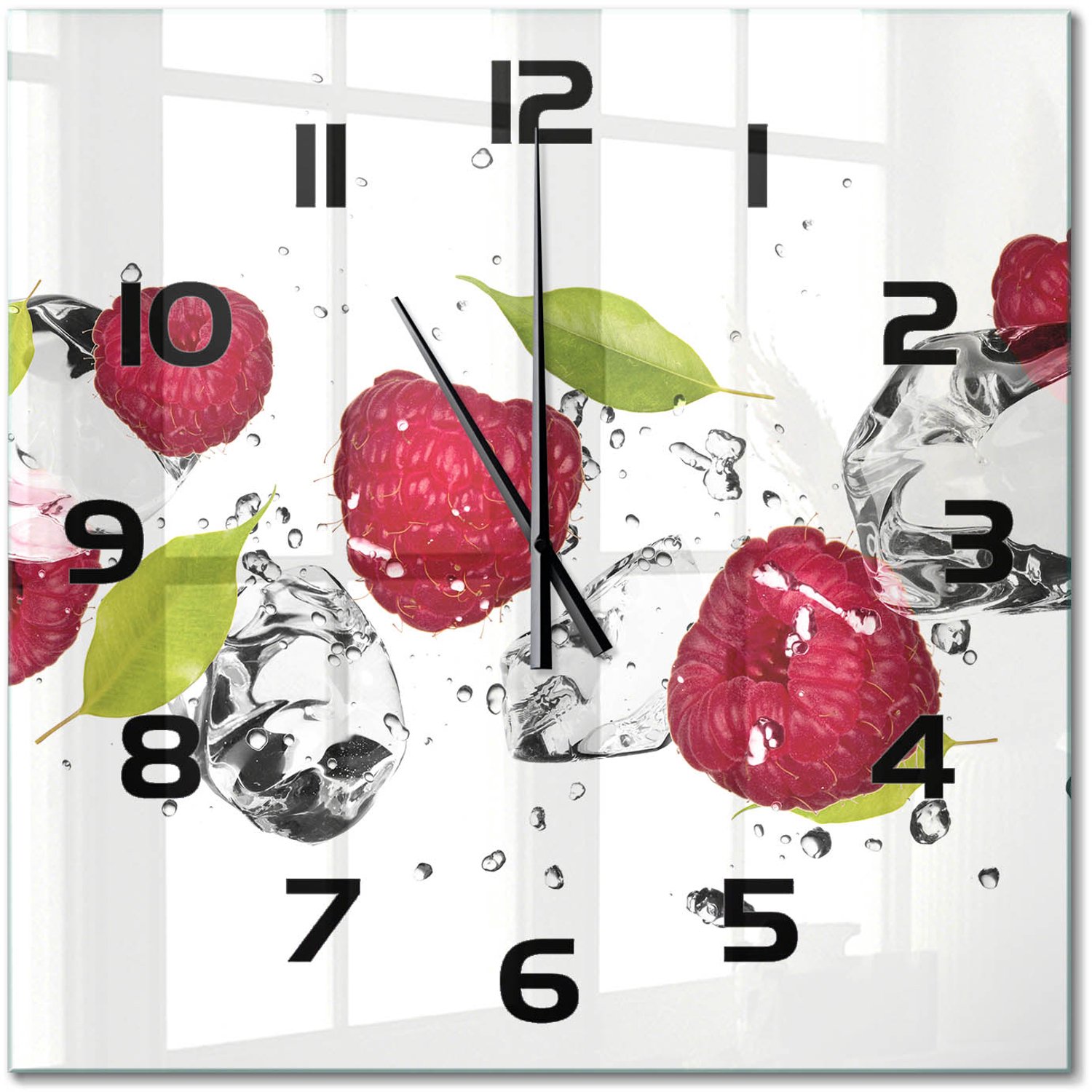 TULUP Wandklok - Framboos en water Moderne Wandklok Glas - 60x60 cm - Roze Wandklok Glas Decoratie - Zwarte handen - Vierkante Klok - Glazen Wandklok Design - Klok Glas Met Opdruk