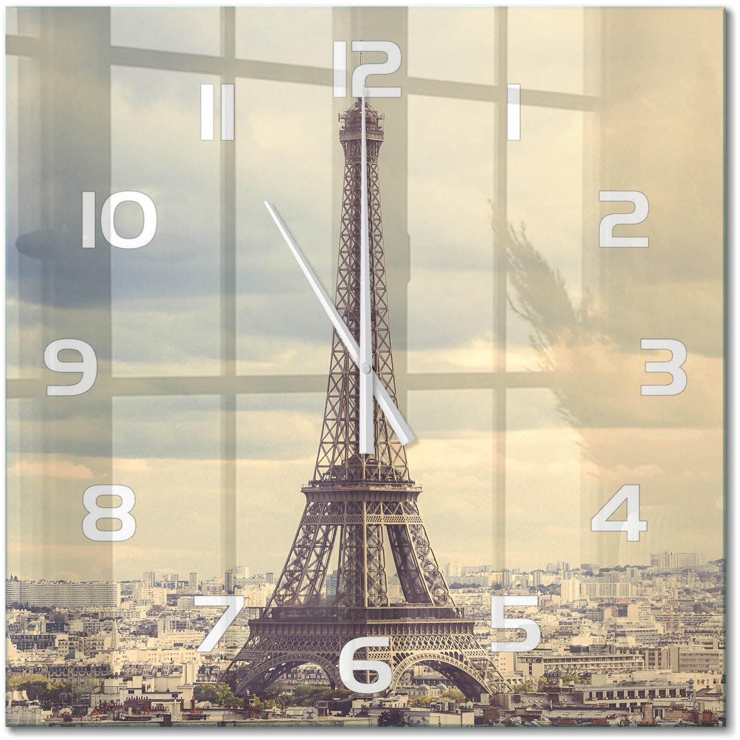 TULUP Wandklok - Eiffeltoren Parijs Gekleurde Glazen Klok - 60x60 cm - Beige Glazen Klok Met Print - Witte handen - Vierkante Klok - Moderne Wandklok Glas - Wandklok Glas Decoratie
