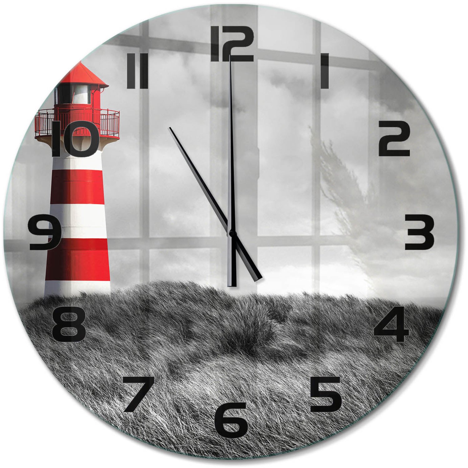 TULUP Wandklok - Vuurtoren Glazen Wandklok Design - fi60 cm - Rood Klok Glas Met Opdruk - Zwarte handen - Ronde Klok - Wandklok Glas Met Motief - Decoratieve Glazen Klok
