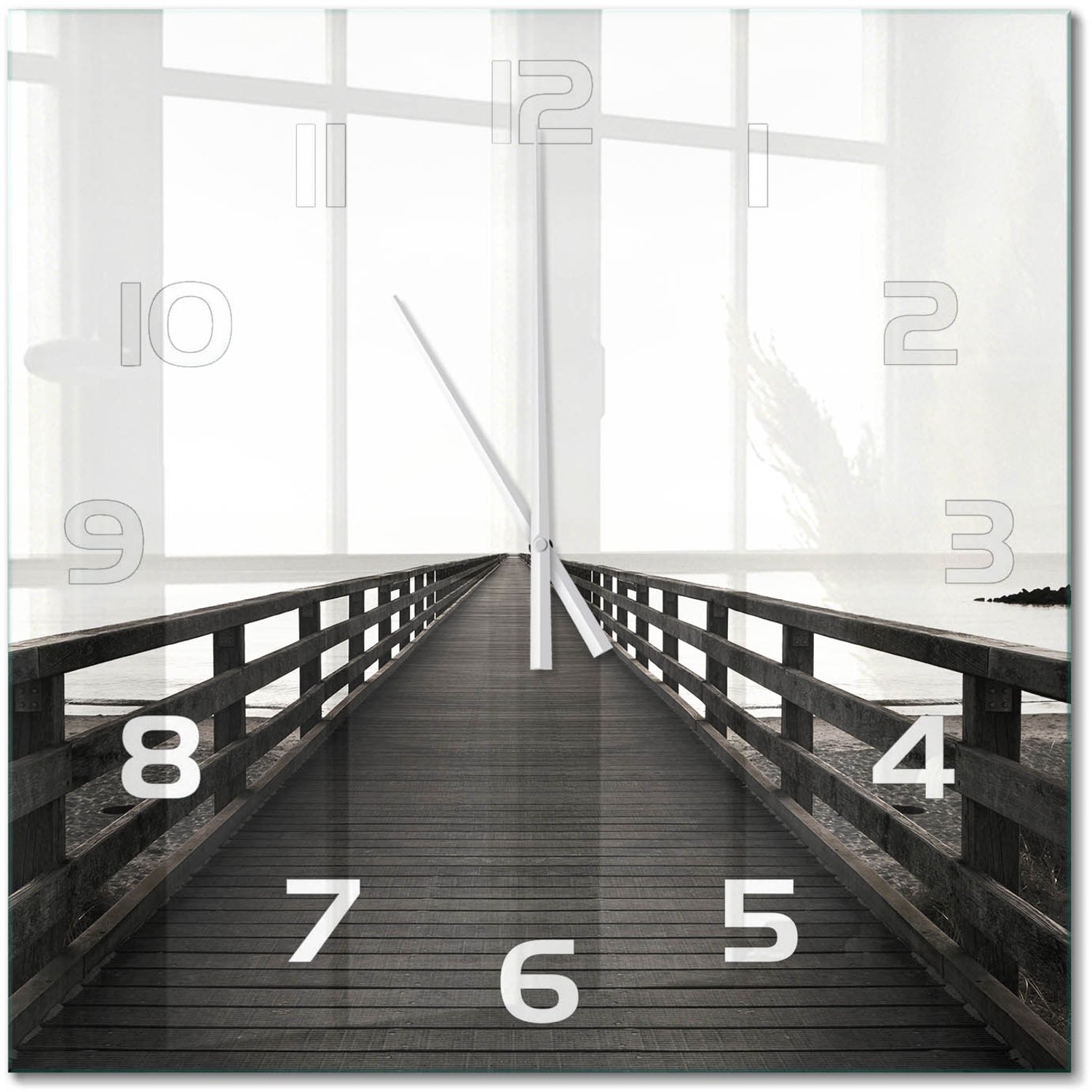 TULUP Wandklok - Houten brug Moderne Wandklok Glas - 60x60 cm - Zwart-wit Wandklok Glas Decoratie - Witte handen - Vierkante Klok - Glazen Wandklok Design - Klok Glas Met Opdruk