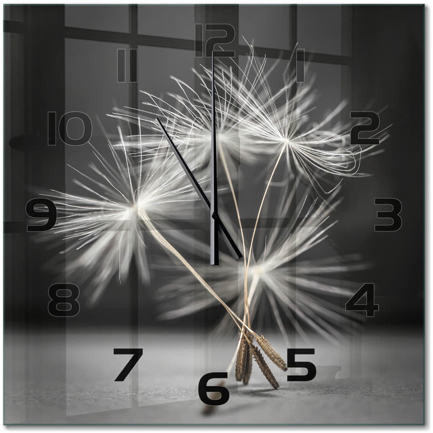 TULUP Wandklok - Paardenbloemzaden Glazen Wandklok Design - 60x60 cm - Zwart-wit Klok Glas Met Opdruk - Zwarte handen - Vierkante Klok - Wandklok Glas Met Motief - Decoratieve Glazen Klok