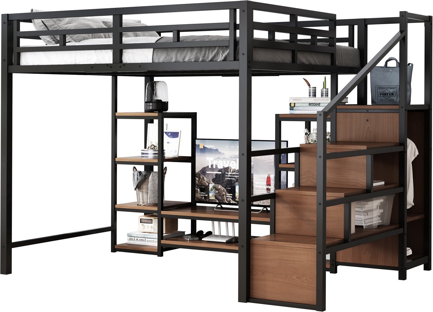 MUVANO Hoogslaper 140 x 200 cm - hoogslaper met tv-meubel en opbergruimte - metalen frame met MDF - stopcontact en ladder - zwart