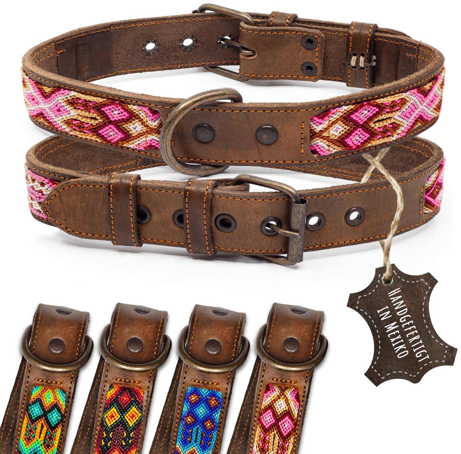 Hondenhalsband van Echt Leer - Dubbele Tribal Borduursels - Roze/Wit/Bruin - Maat L