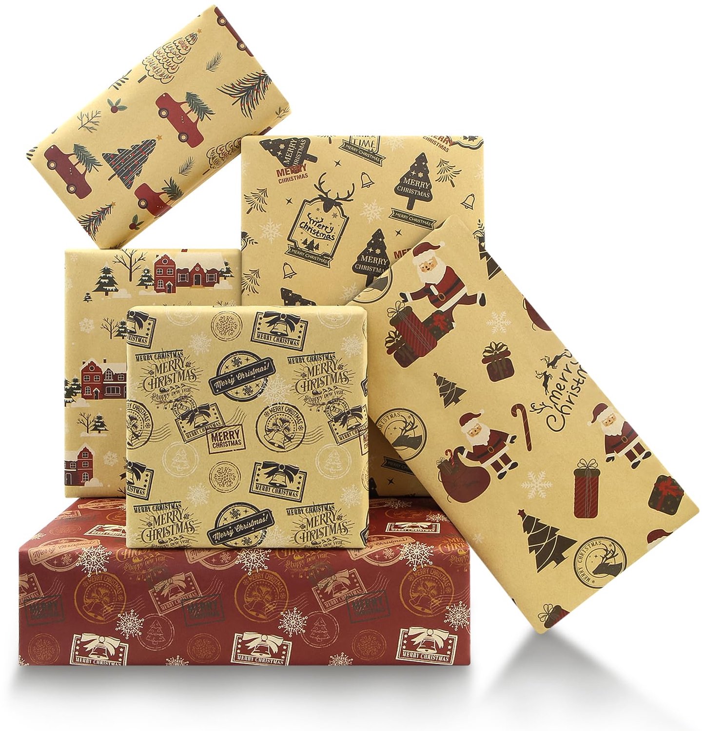 Vintage Kerst Inpakpapier Set van 6 Vellen
