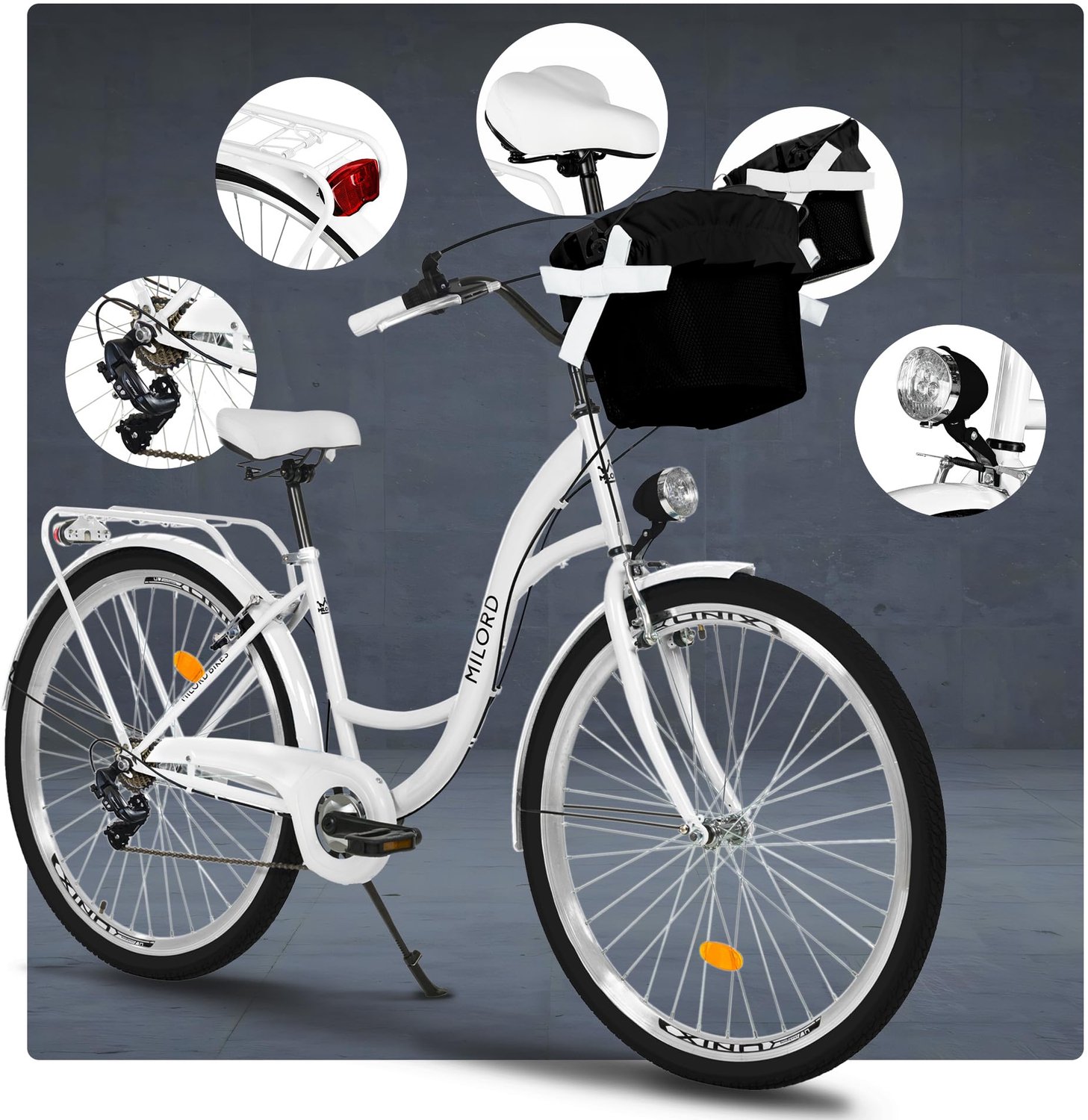 Milord damesfiets retro stadsfiets met metalen mand 28 inch 7 versnellingen wit frame