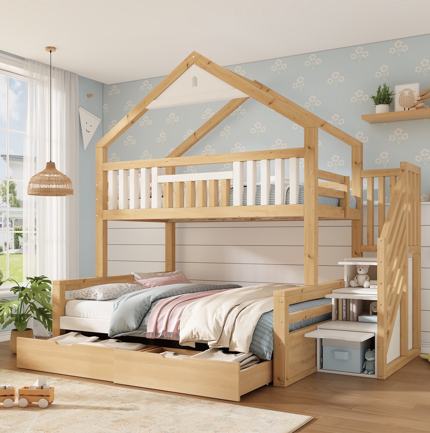 HAUSS SPOLE Stapelbed 90x200 en 140x200 cm - Kinderbed met Opbergtrap en Twee Laden - Huisvorm met Dak - Zonder Matras - Hout - Wit en Eikenkleur