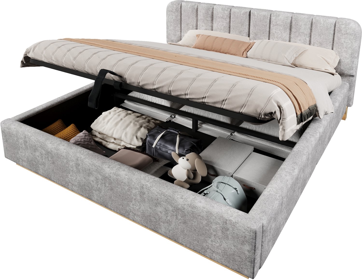 REDOM Gestoffeerd tweepersoonsbed 180x200 cm - Hydraulische opbergruimte, lattenbodem en LED - Grijs