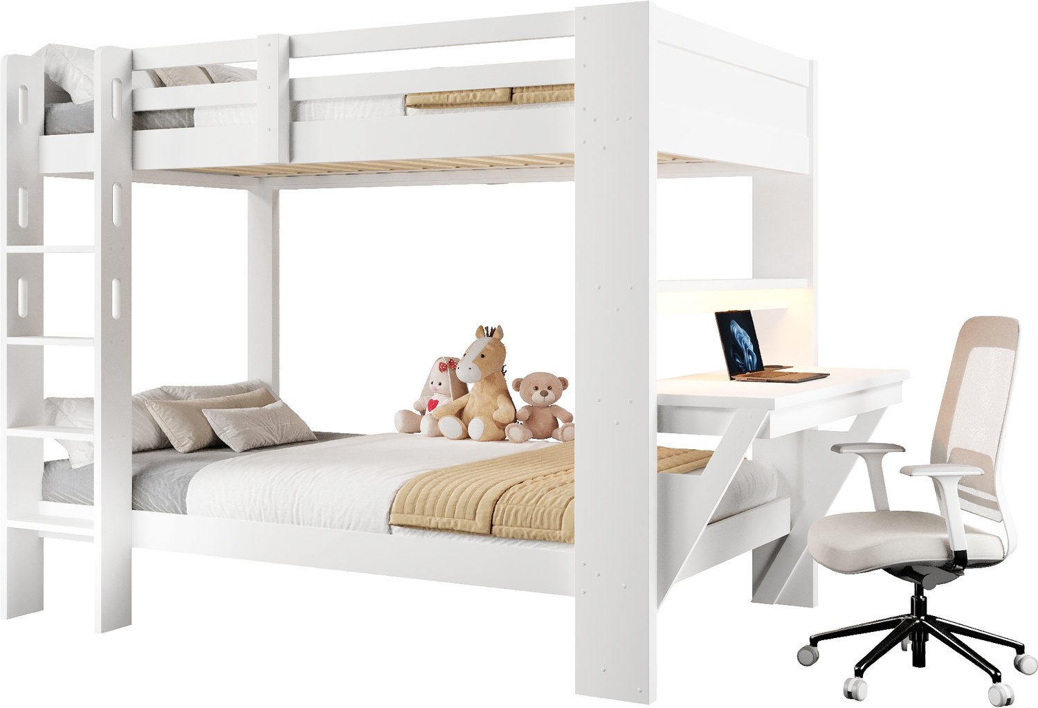 REDOM Stapelbed 90x200 cm - Met bureau, open vakken, stopcontact en LED-verlichting - Wit