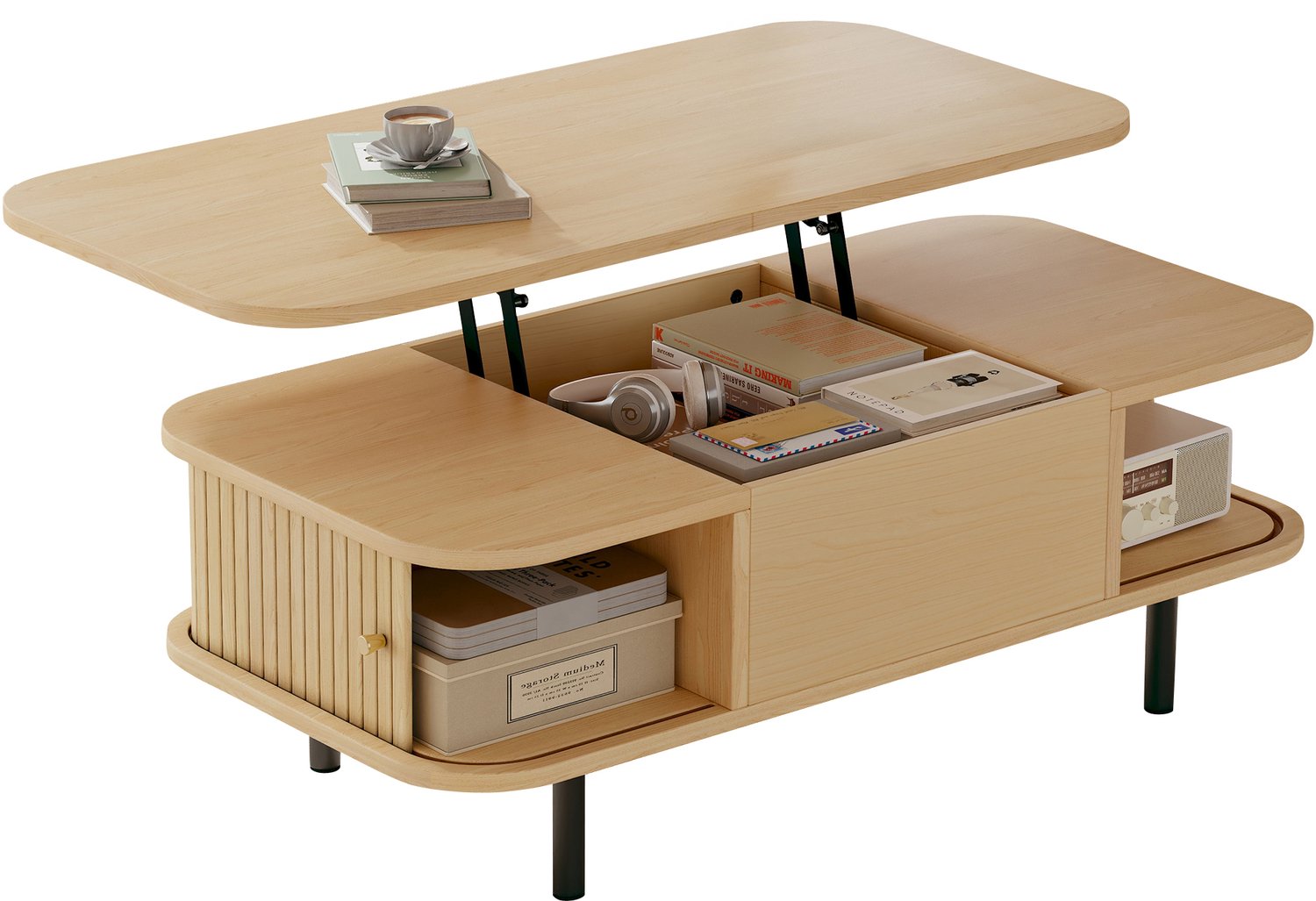 REDOM Hoogteverstelbare salontafel 101x51x52,5 cm - Met roldeuren en opbergruimte - Naturel Naturel houtkleur, zwart