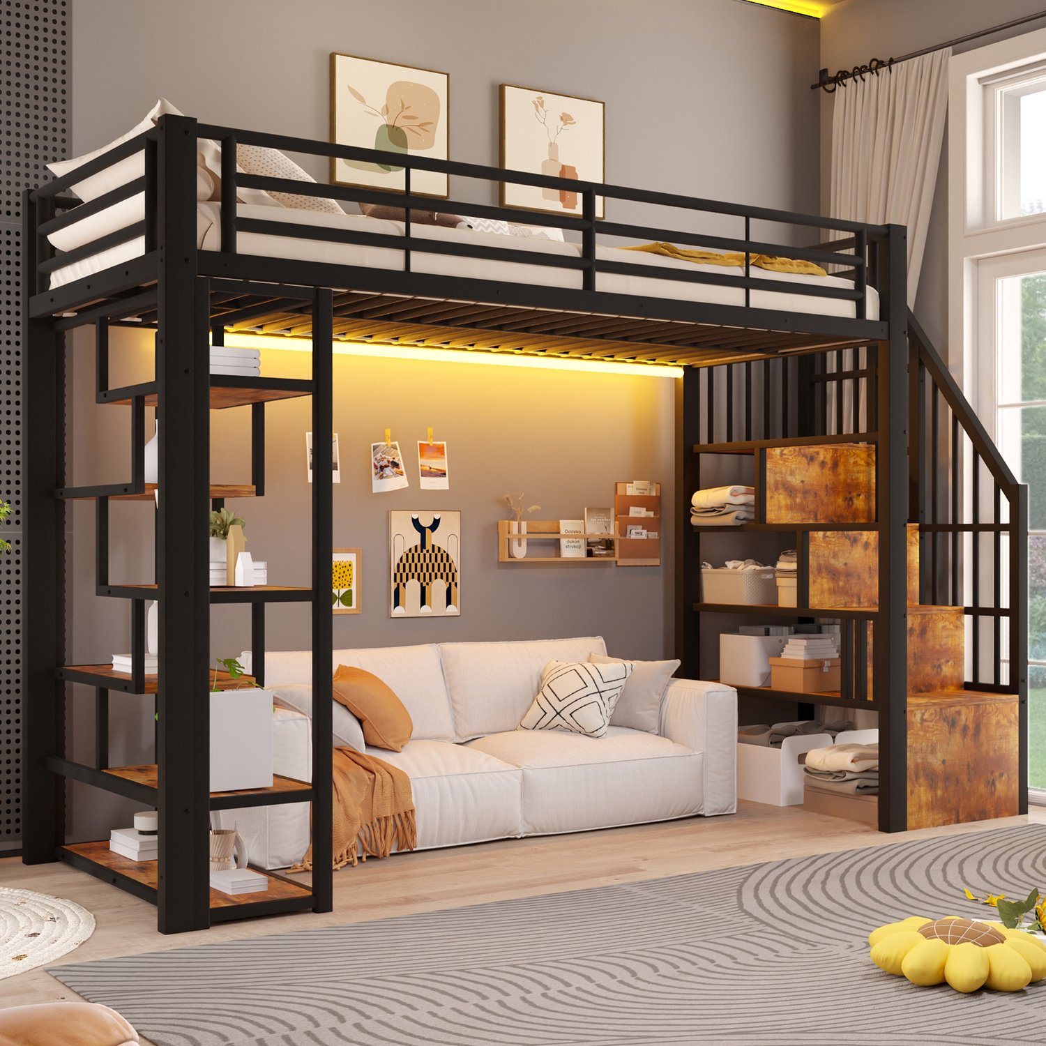 HAUSS SPOLE Hoogslaper 90x200 cm - Met Trap en Opbergruimte - Met Hekwerk en Verlichting - Voor Kinderkamers - Metaal en MDF - Zonder Matras - Zwart