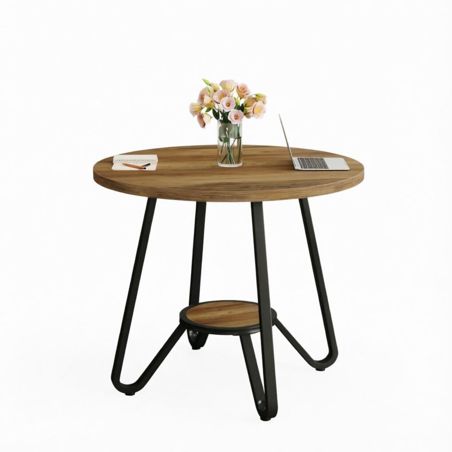 REDOM Ronde bijzettafel Ø 80 cm - Houten blad en metalen onderstel - Met onderste legplank - Zwart/bruin Zwart en bruin
