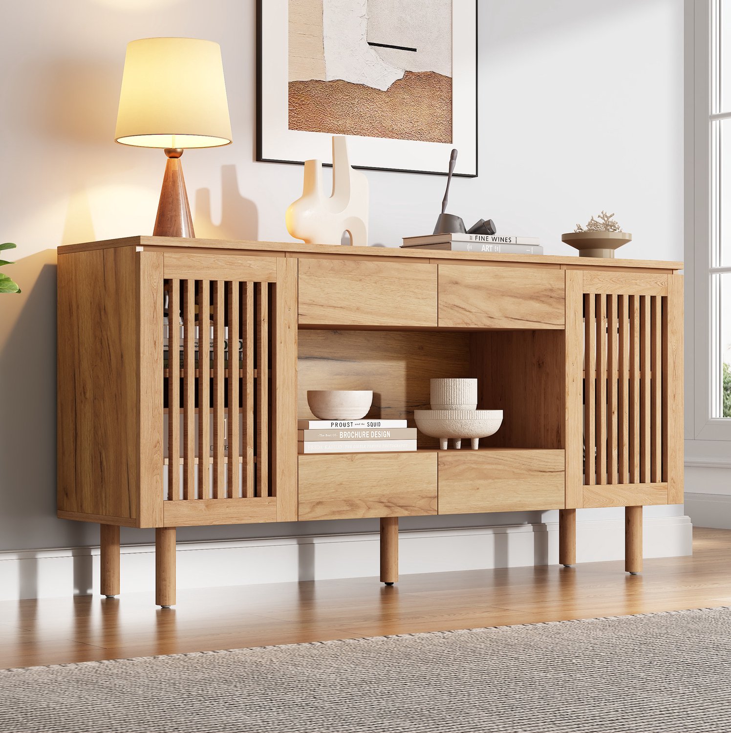 HAUSS SPOLE Dressoir - 4 Laden en 2 Lamellendeuren - Voor Woonkamer, Eetkamer en Hal - MDF en Hout - 140x35x71 cm - Naturel Naturel houtkleur