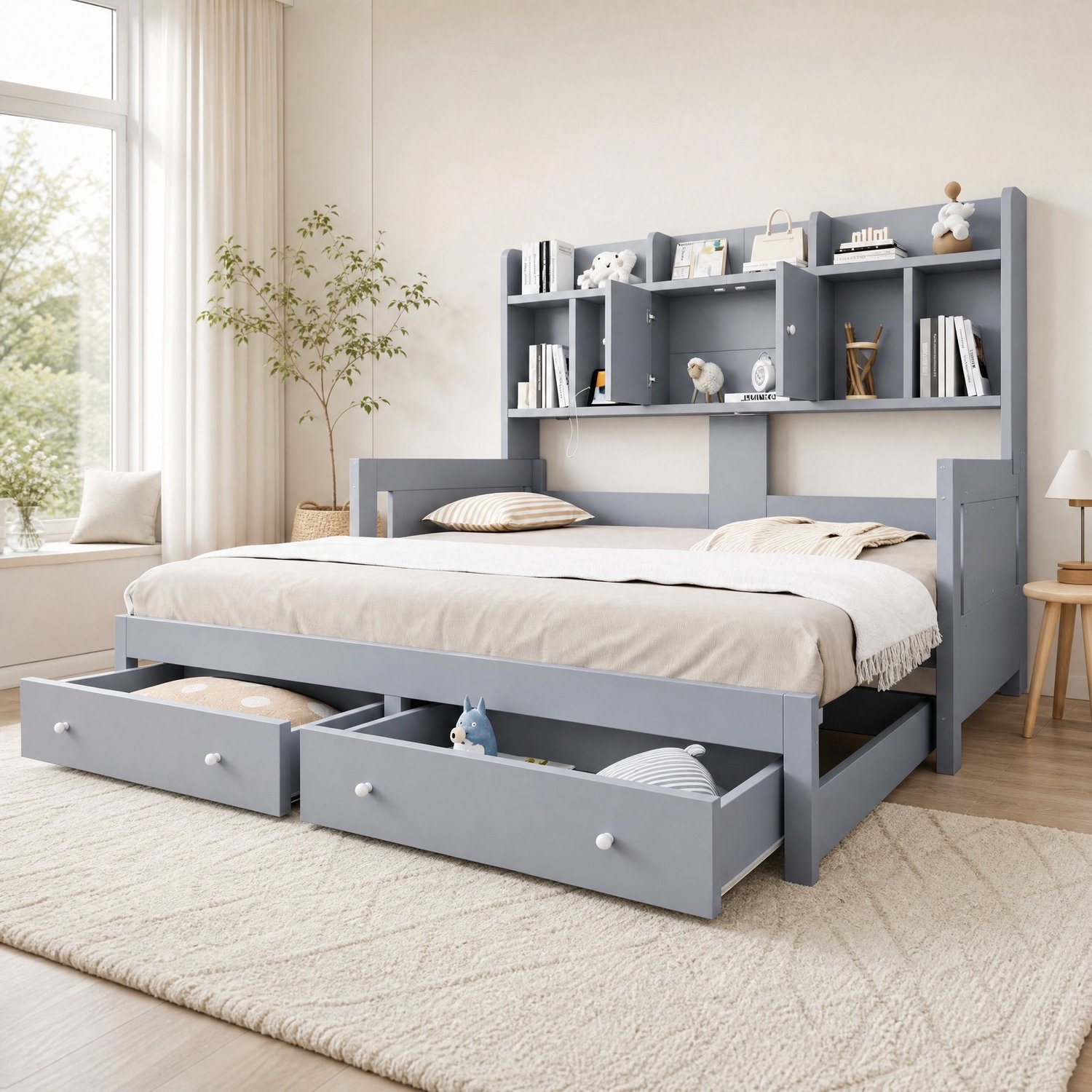 MEUNIQ uitschuifbare slaapbank 90 x 190 cm, uitschuifbaar tot 180 x 190 cm, met 2 lades, opbergvakken, stopcontact en ledverlichting, grijs