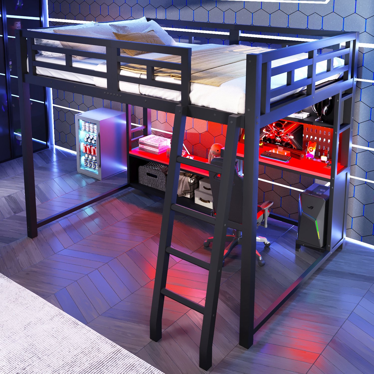 HAUSS SPOLE Hoogslaper 140x200 cm - Met Bureau en Opbergrekken - Meerkleurige Verlichting en Veiligheidshek - Zonder Matras - Metaal en MDF - Zwart