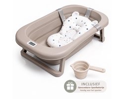 Bellettini® Opvouwbaar Baby Bad inclusief Spoelbeker & Kussen - Babybad Met ingebouwde Temperatuur - Peuterbad - Oatmeal